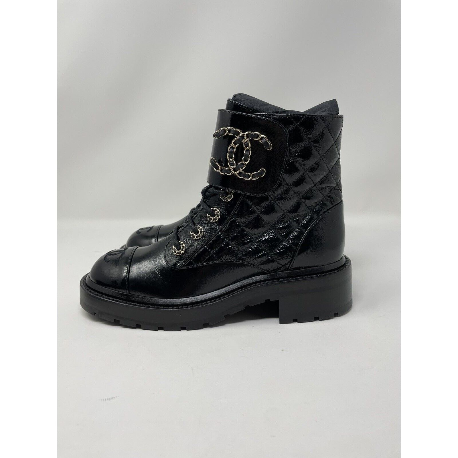 Chanel Chanel Brave Leather Quilted Combat Boots Patent Black 37.5 Size US 7.5 / IT 37.5 - 2 Thumbnail