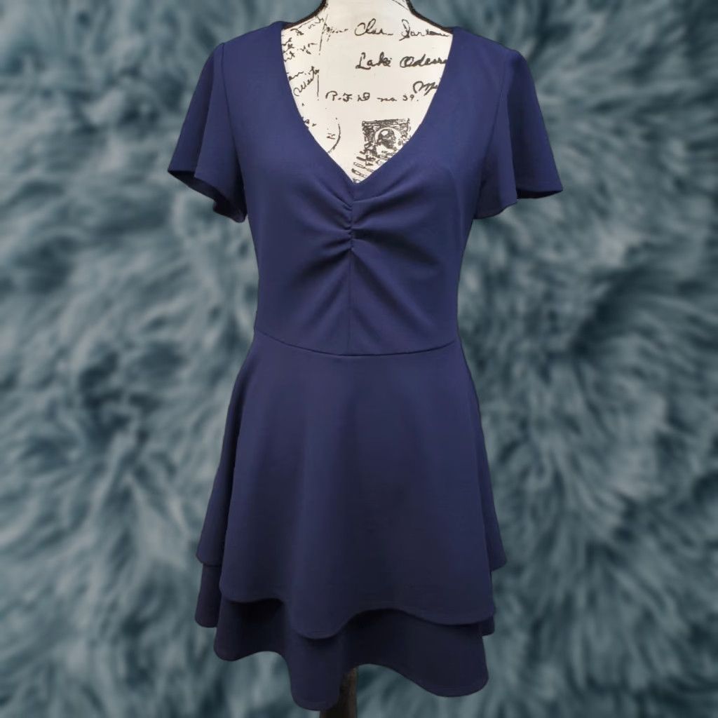 Vintage B. Darlin Womens Navy Cap Sleeve Mini Dress 13/14 Lined Back Zip V-Neck Short Dress Size XL / US 12-14 / IT 48-50 - 1 Thumbnail