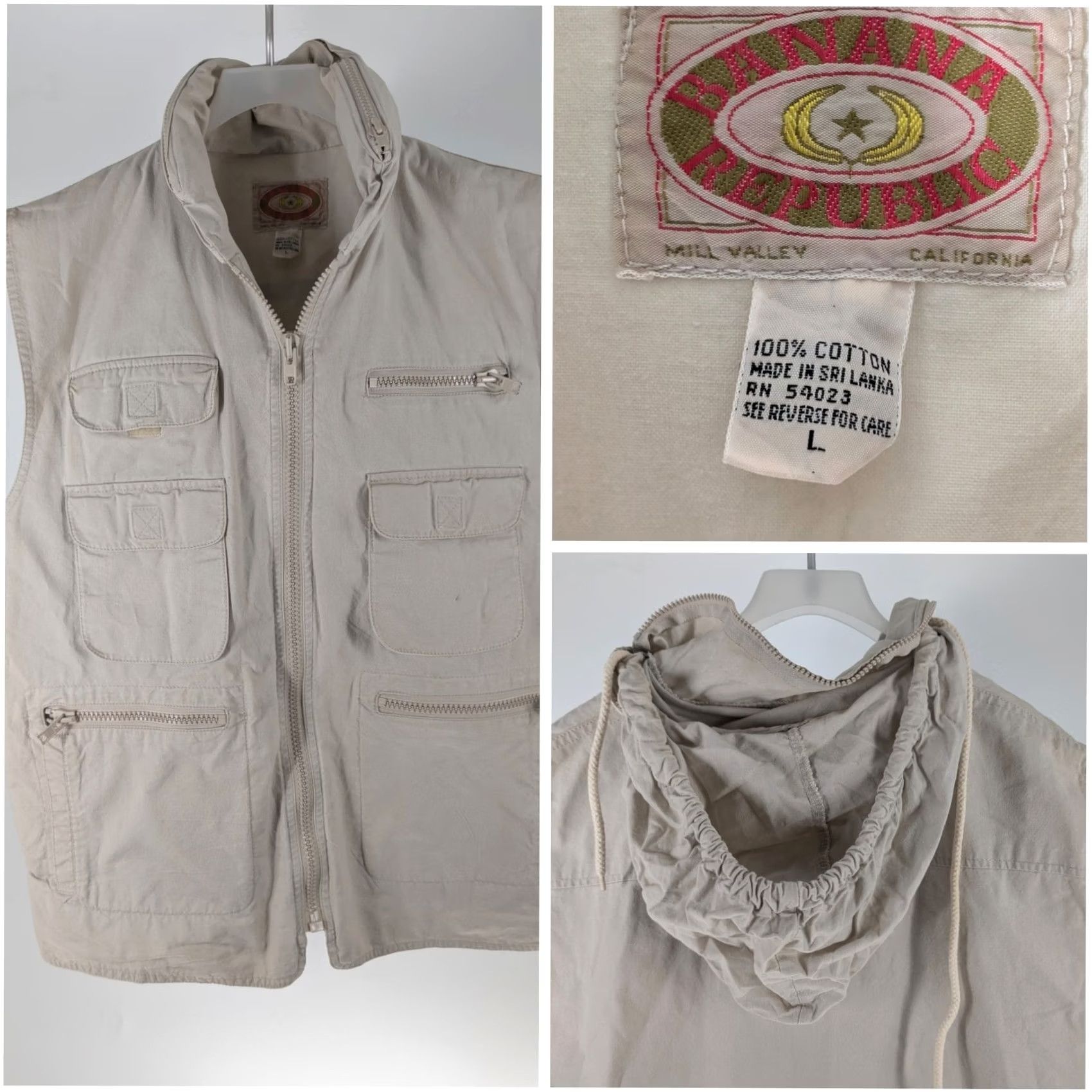 Banana Republic VINTAGE Banana Republic Safari Vest Hooded Khaki Large Mill Valley 80s Photo Journalist Multi Pocket Men L Beige Cotton Size US L / EU 52-54 / 3 - 2 Thumbnail
