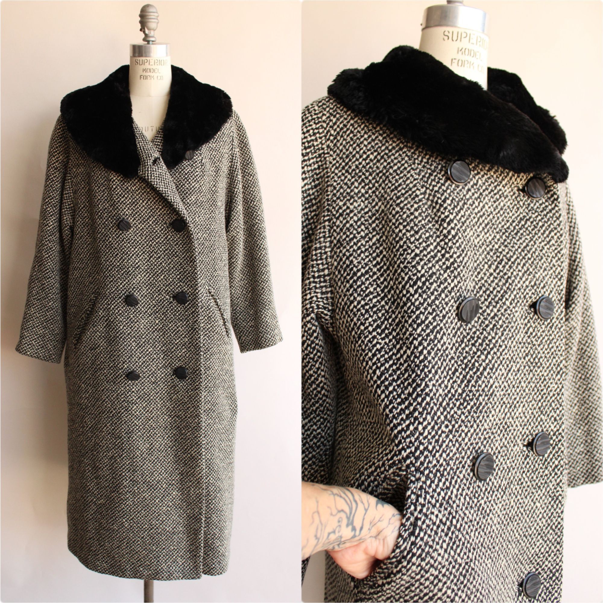 Bergdorf Goodman Vintage 1950s Coat, Bergdorf Goodman Black and White Tweed W Size L / US 10 / IT 46 - 1 Thumbnail