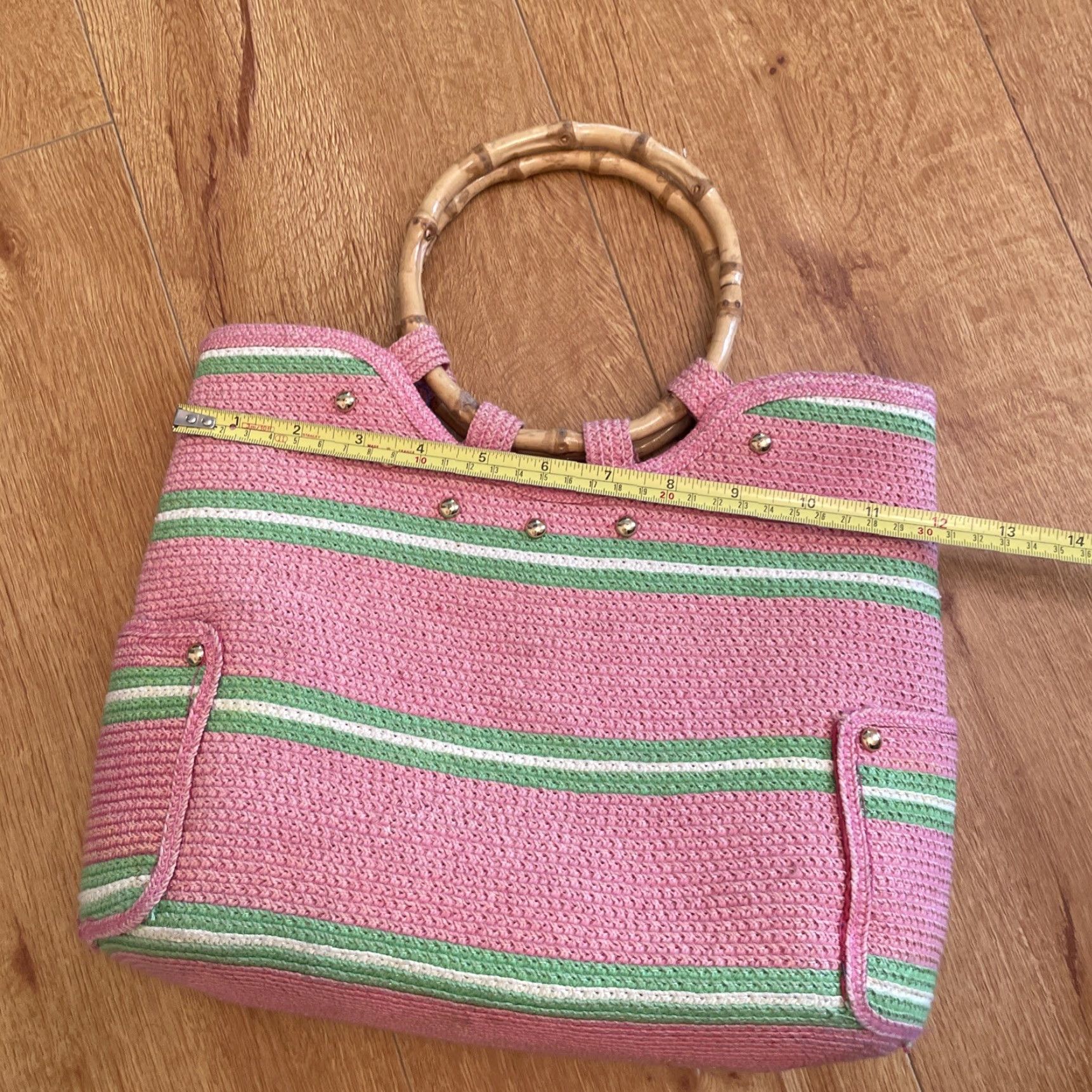 Vintage VTG Raphia Stripe Tote Bag Top Handle Bamboo Handles Pink Green Stripe Boho Women Small Size ONE SIZE - 6 Thumbnail