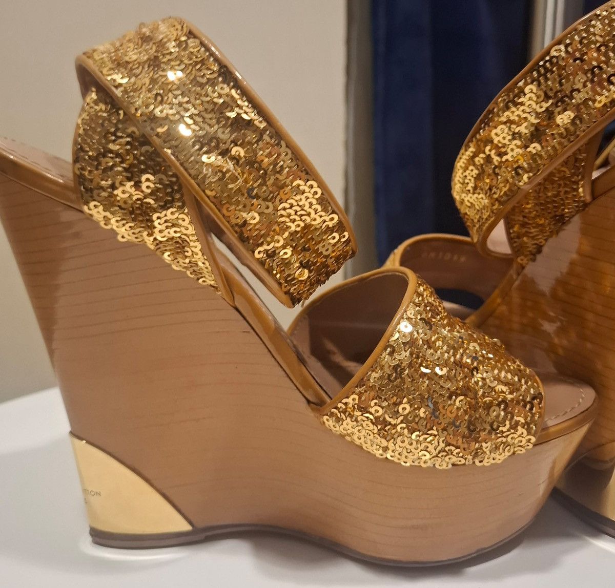 Louis Vuitton Louis Vuitton Gold Sequins Platform Wedge Ankle Wrap Sandals Size US 6 / IT 36 - 4 Thumbnail