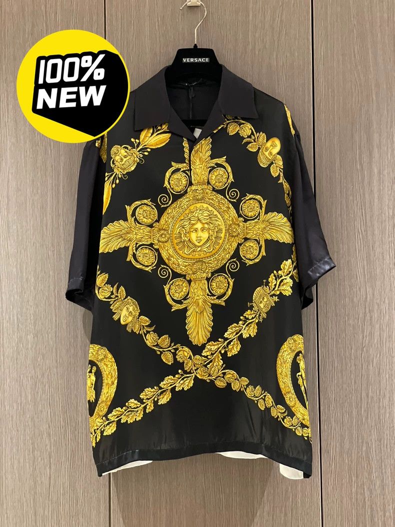 versace black and gold dress shirt VERSACE COLLECTION Trend Size XL Black Studded Cotton Long Sleeve Shirt –  Sui Generis Designer Consignment