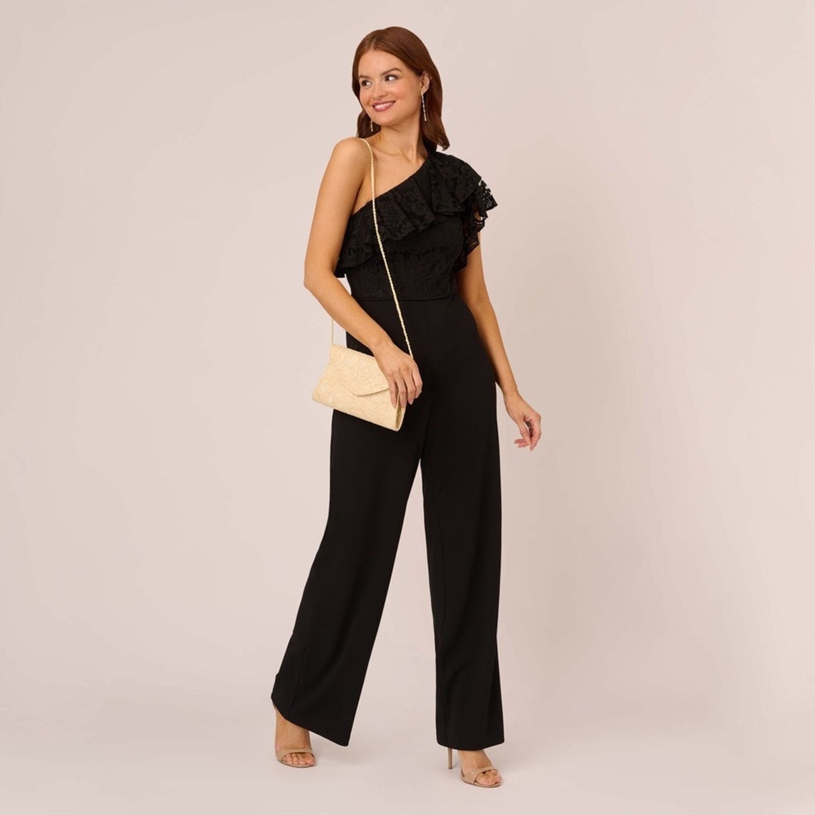 Adrianna Papell Adrianna Pappell 1 Shoulder Jumpsuit Lace Ruffle Black Sz 8 Size 30" / US 8 / IT 44 - 2 Thumbnail