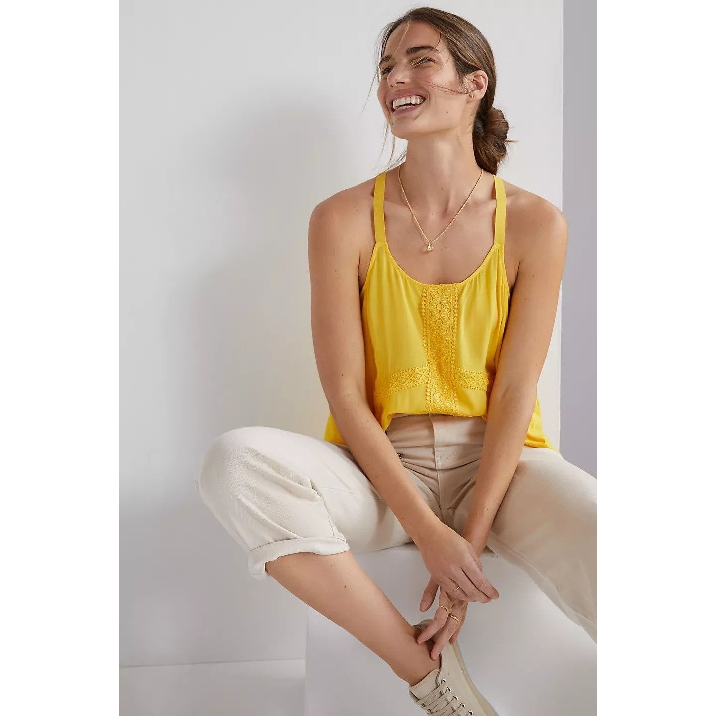 Anthropologie Anthropologie Yellow Embroidered Lace Tank Top Size S / US 4 / IT 40 - 1 Thumbnail