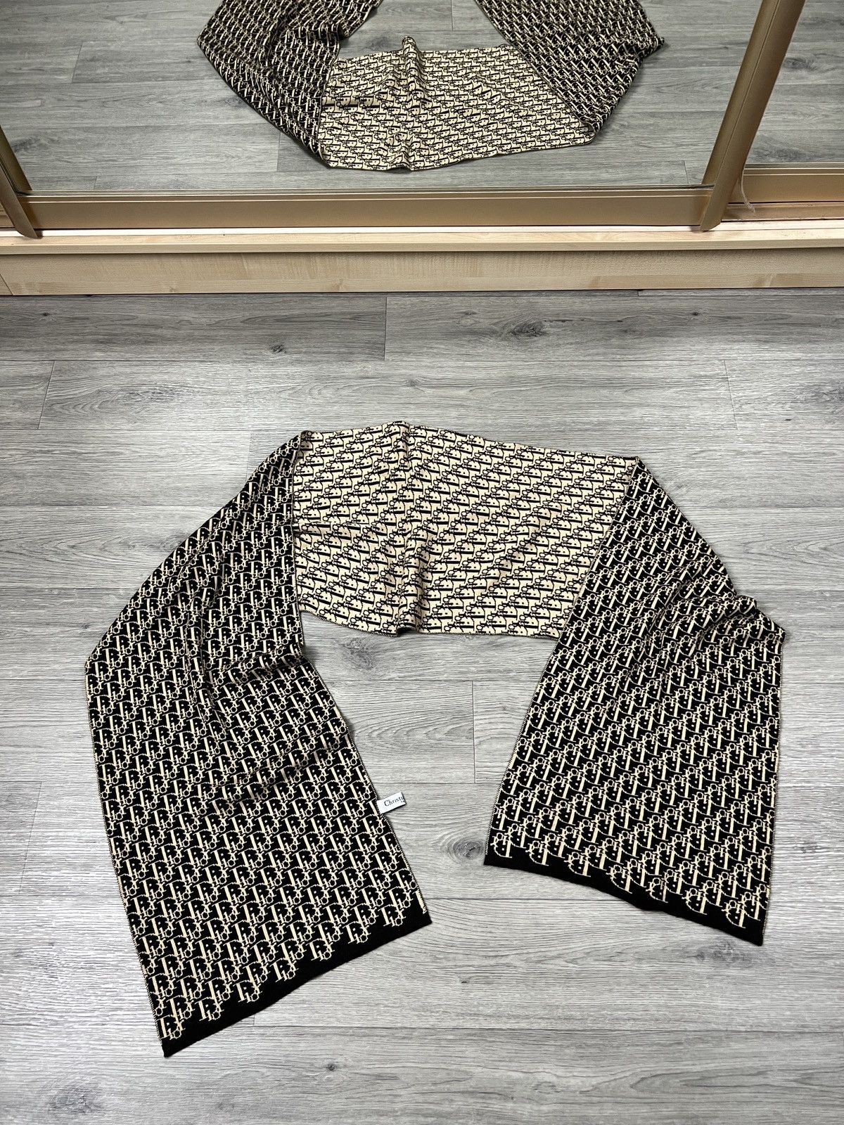 Dior Christian Dior Vintage Oblique Monogram Scarf Black Beige Size ONE SIZE - 3 Thumbnail