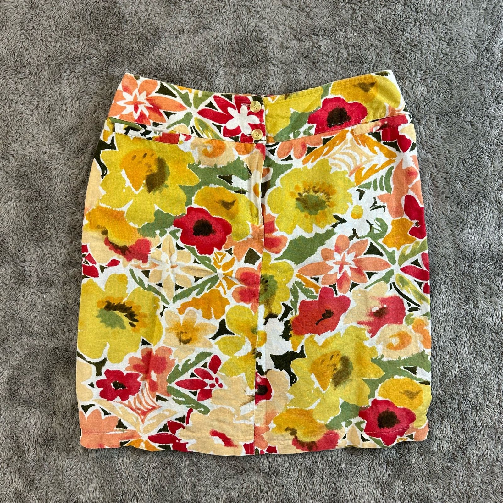 Harve Benard VTG Linen Tropical Floral Pencil Skirt Yellow Green 80s 90s Size 29" - 7 Thumbnail
