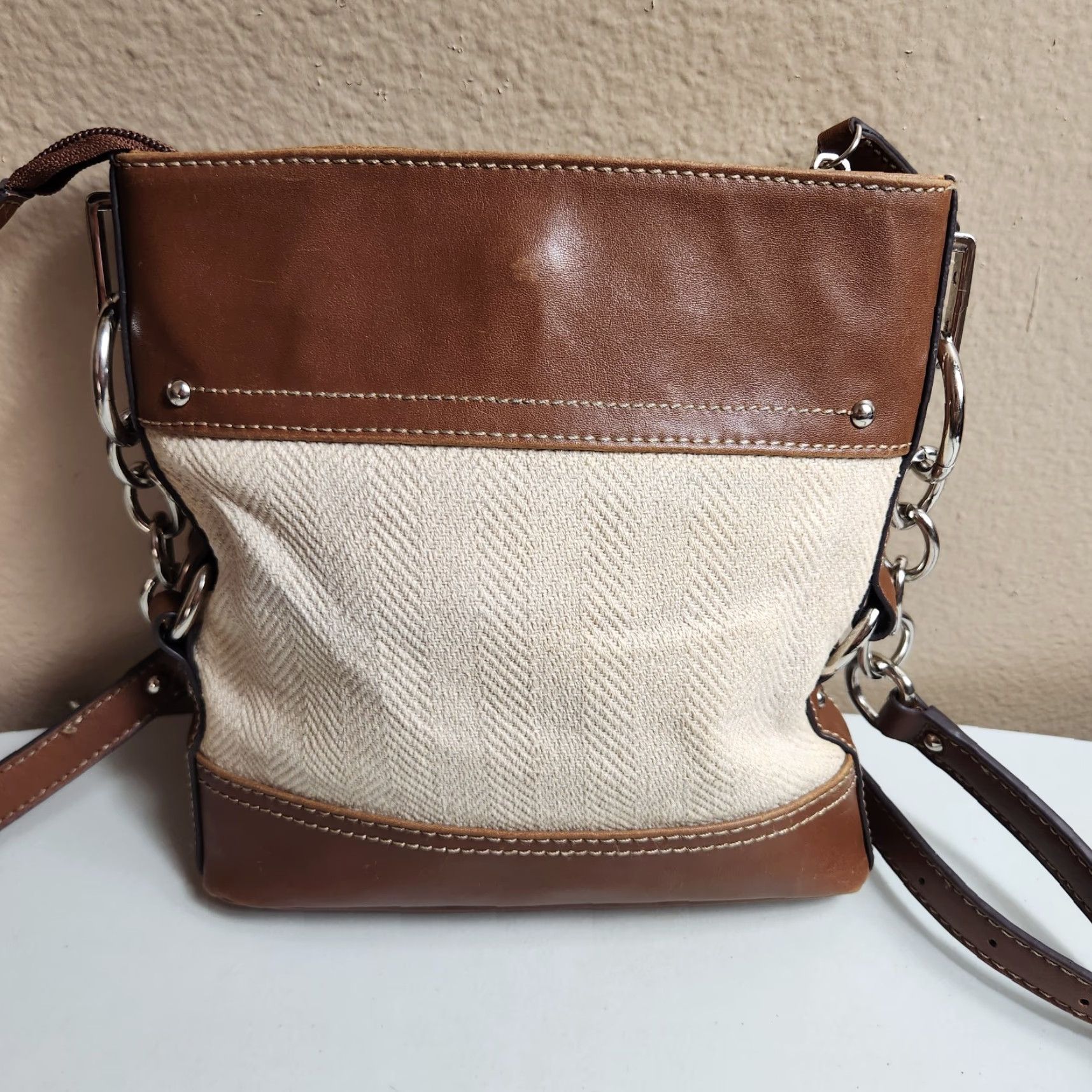 Chaps Chaps Crossbody Bag Womens Cream Canvas Herringbone/Brown Faux Leather Travel Casual Small Beige Beige Silver Crossbody Strap Size ONE SIZE - 5 Thumbnail