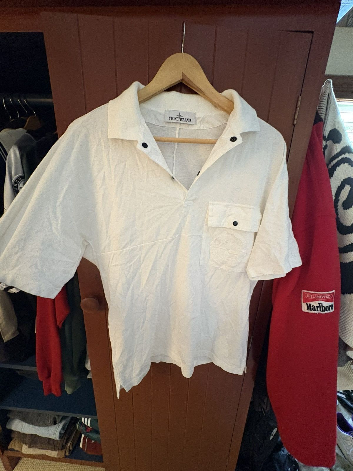 Porter × Stone Island Stone Island White Collared Tee Small – Big Logo Shirt Rare Size US S / EU 44-46 / 1 - 3 Thumbnail