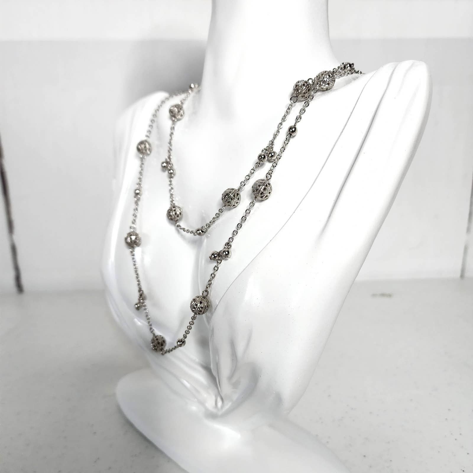 Designer Cookie Lee Signed Art Deco Silver Ball Bead Flapper Necklace Size ONE SIZE - 7 Thumbnail