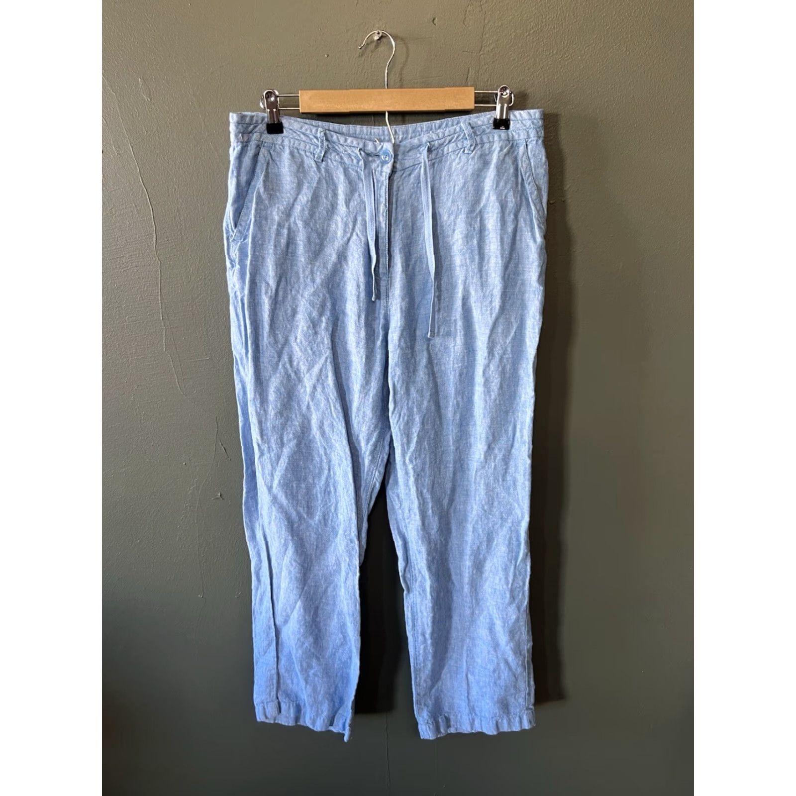 Vintage LL Bean Womens Blue Linen Straight Leg Pants w/ Drawstring Size 14 Classic Fit Size 36" / US 14 / IT 50 - 2 Thumbnail