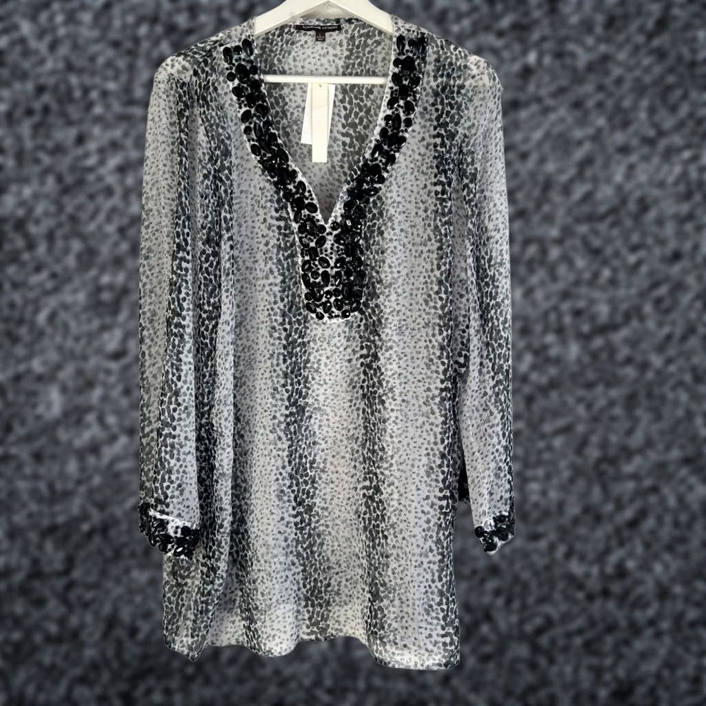 Vintage VINTAGE Adrienne Vittadini Womens Beaded Black White Animal Print Tunic Top Large New Size L / US 10 / IT 46 - 1 Thumbnail