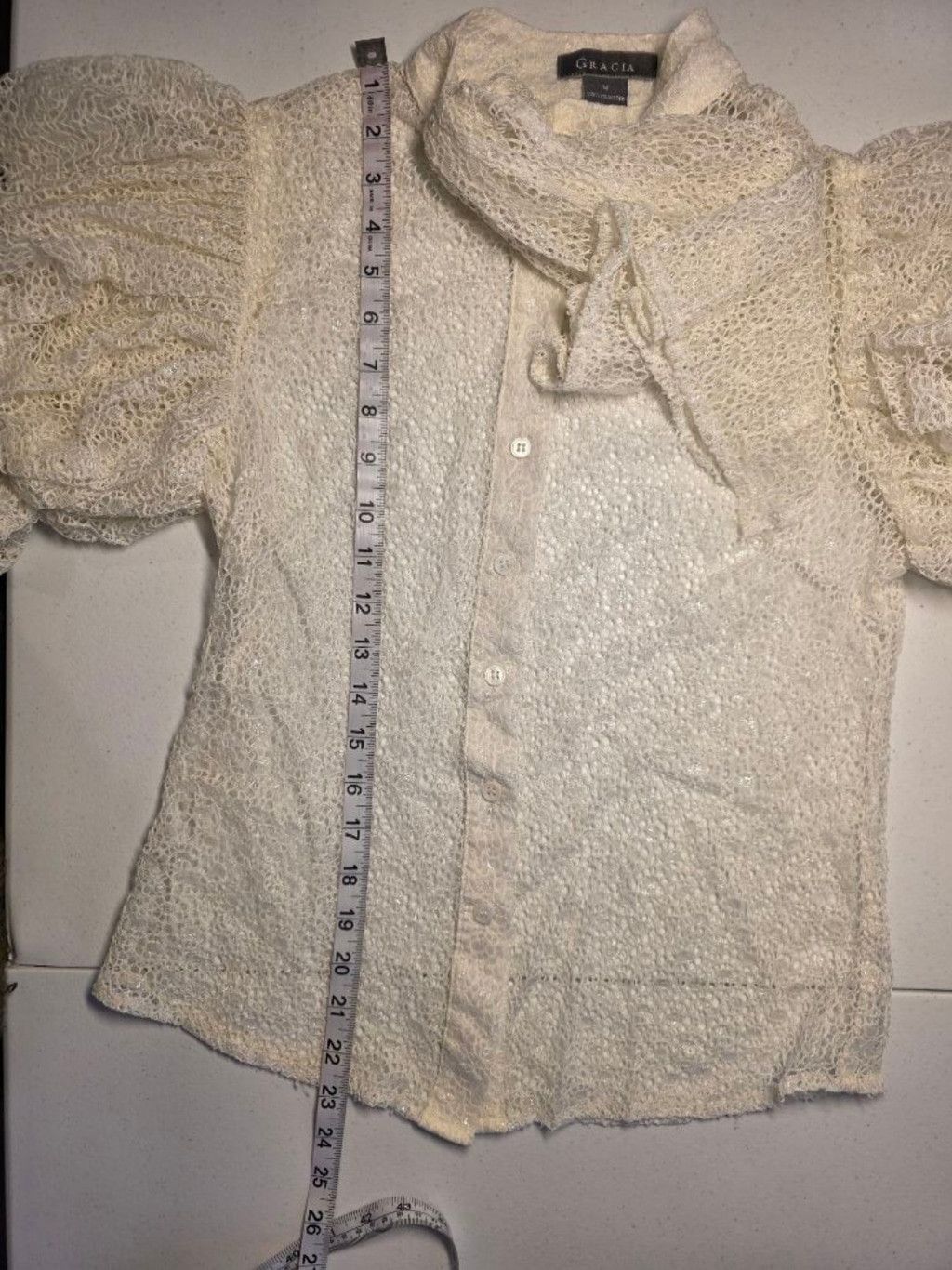 Pedro Garcia Gracia Sheer Lace Puff Sleeve Tie Neck Blouse Romantic Coque Size M / US 6-8 / IT 42-44 - 9 Thumbnail