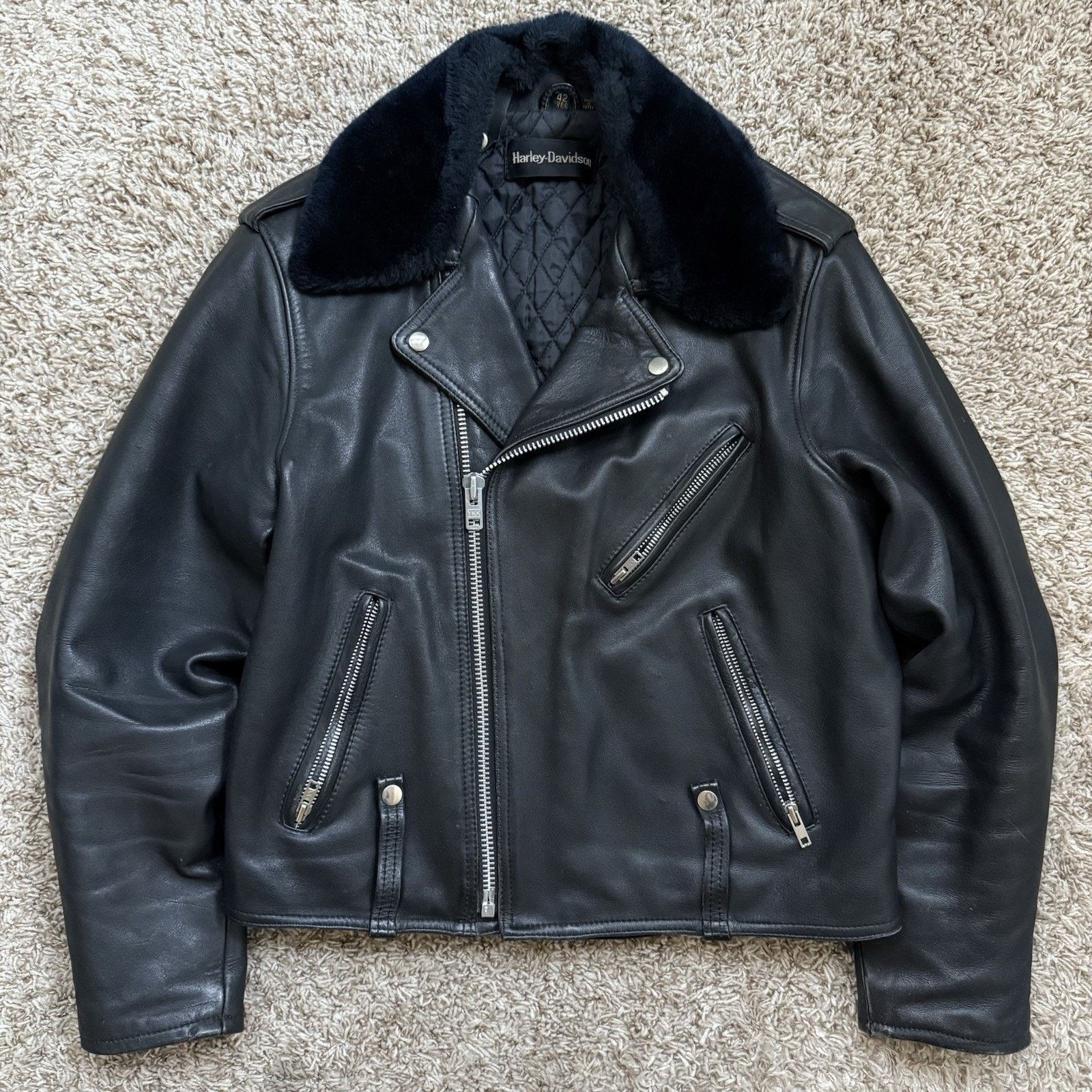 Harley Davidson Vintage Harley Davidson Black Leather Motorcycle Jacket Fur Size US M / EU 48-50 / 2 - 1 Thumbnail