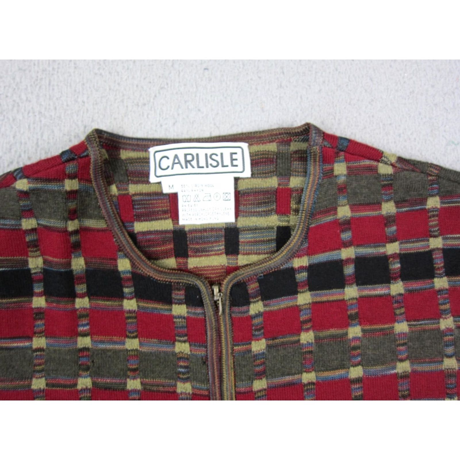 Vintage VINTAGE Carlisle Cardigan Mens M Red Wool Check Sweater 90s USA CardiGan Zipper Cropped? Size US M / EU 48-50 / 2 - 2 Thumbnail