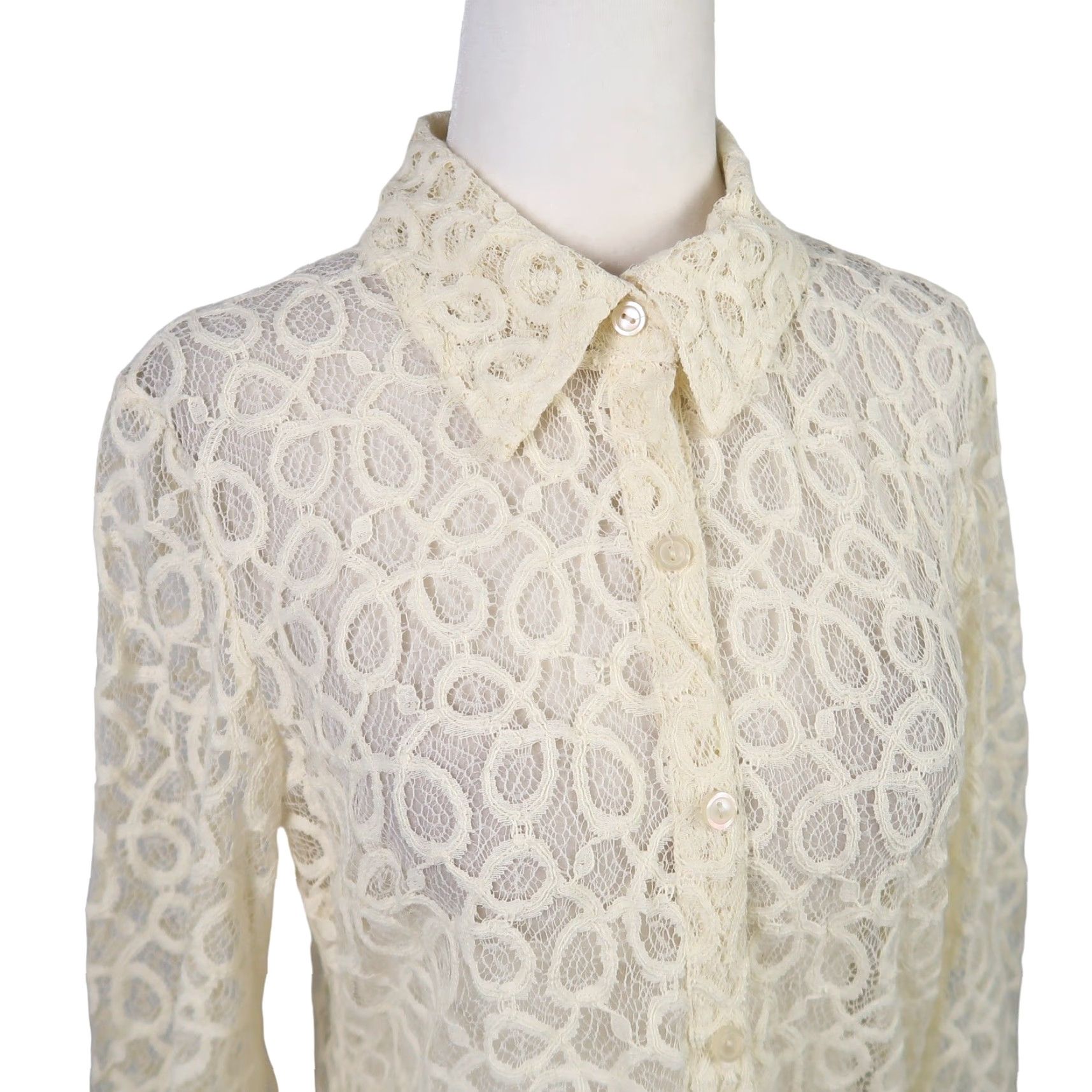 Vintage VINTAGE Notations Cream Sheer Swirl Lace Button-Down Blouse Top M Women Long Sleeve Button-Up Casual 90s Bohemian Cotton Nylon Size M / US 6-8 / IT 42-44 - 2 Thumbnail