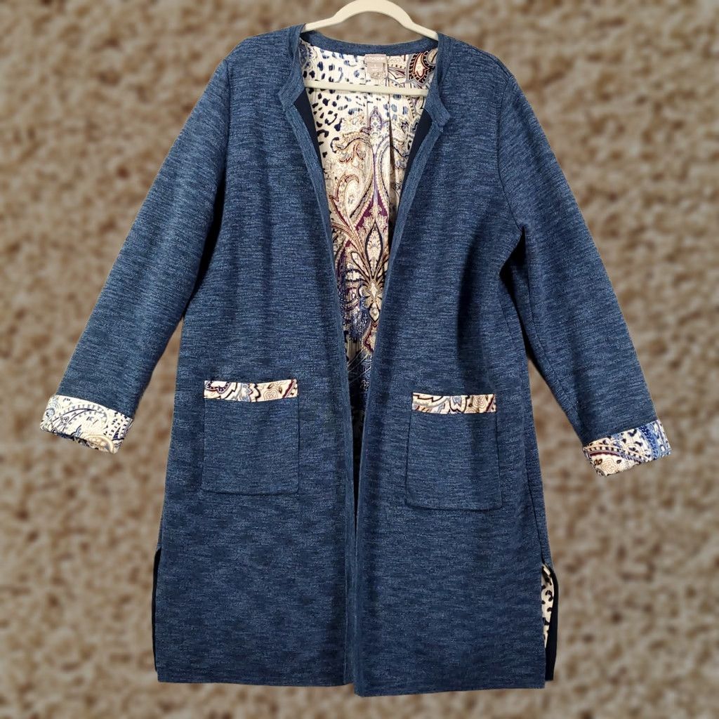 Vintage Chico's Cardigan Womens L Blue Open Front Longline Duster Trim V-Neck Pocket Knit Warm Casual Winter Fall Spring Size L / US 10 / IT 46 - 1 Thumbnail