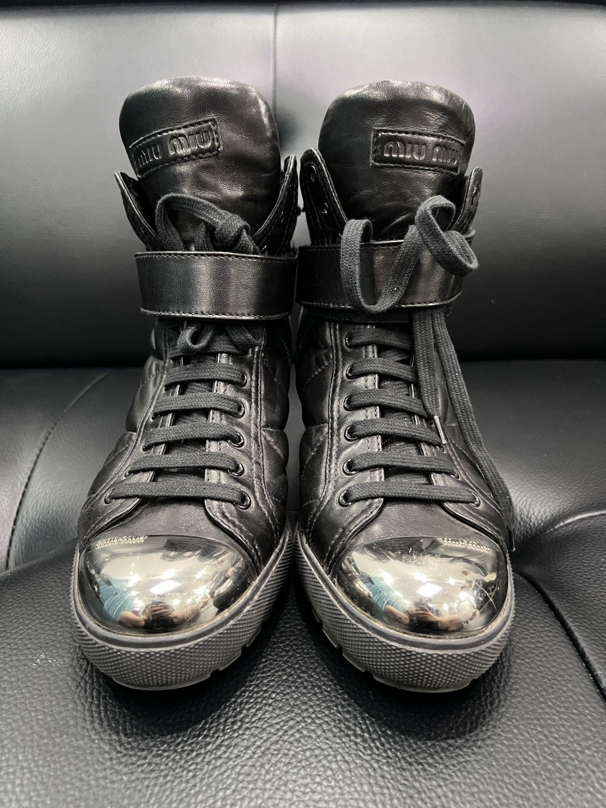 Miu Miu Miu Miu Metal Toe Lace-Up Wedge High-Top Boots Size US 7.5 / IT 37.5 - 4 Thumbnail
