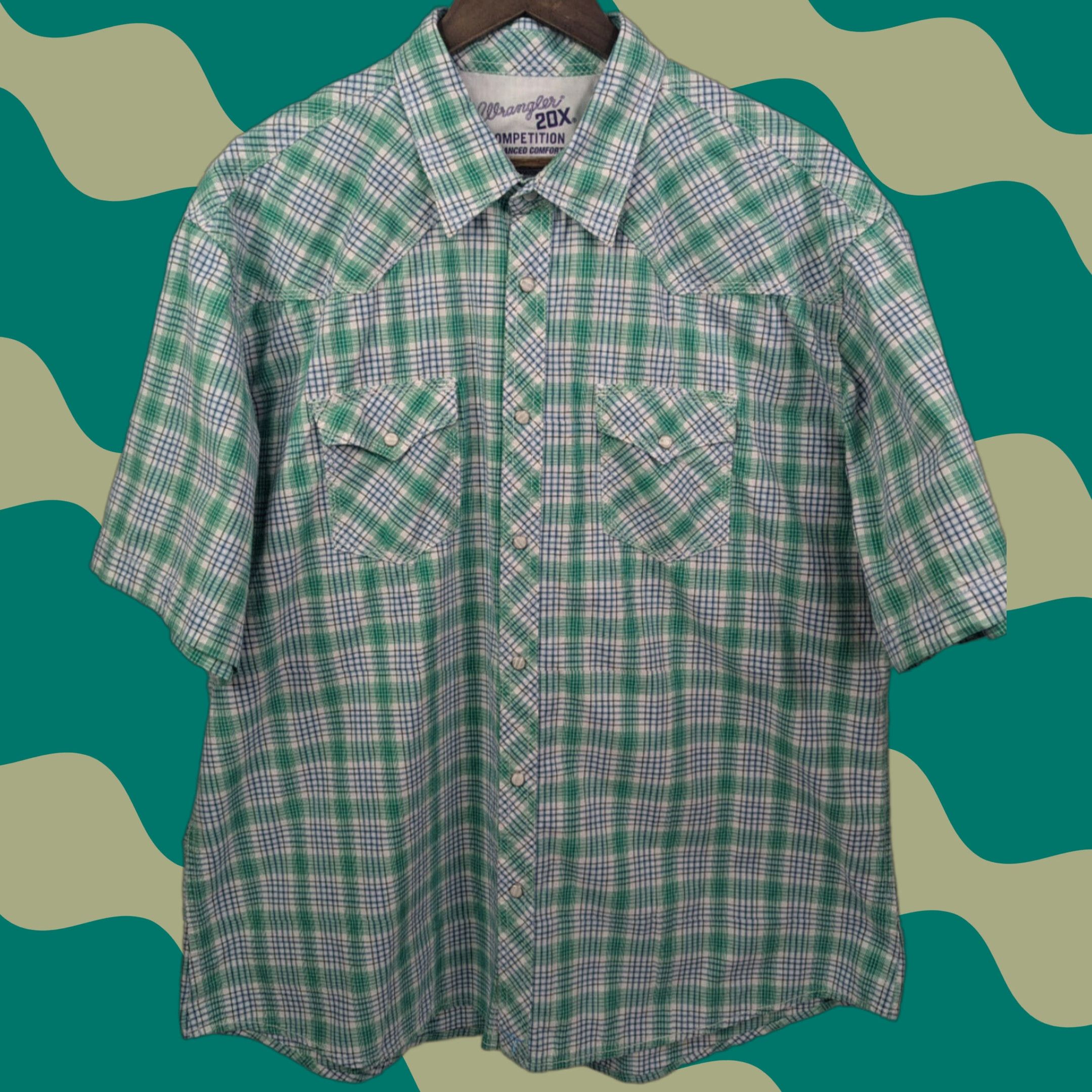 Wrangler Wrangler 20X Competition Advance Comfort Green Plaid Short Sleeve 2XL Pearl Snap Button-Up Shirt Mens Size US 39 - 1 Thumbnail