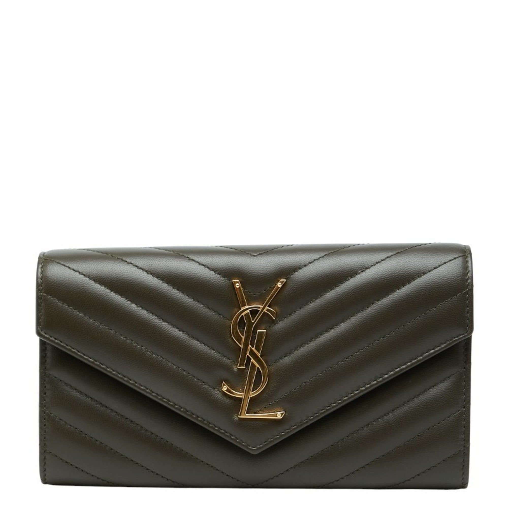 Saint Laurent Paris Saint Laurent Cassandra V-Stitch Long Wallet 372264 Khaki Leather Women's SAINT LAURENT Size ONE SIZE - 1 Thumbnail