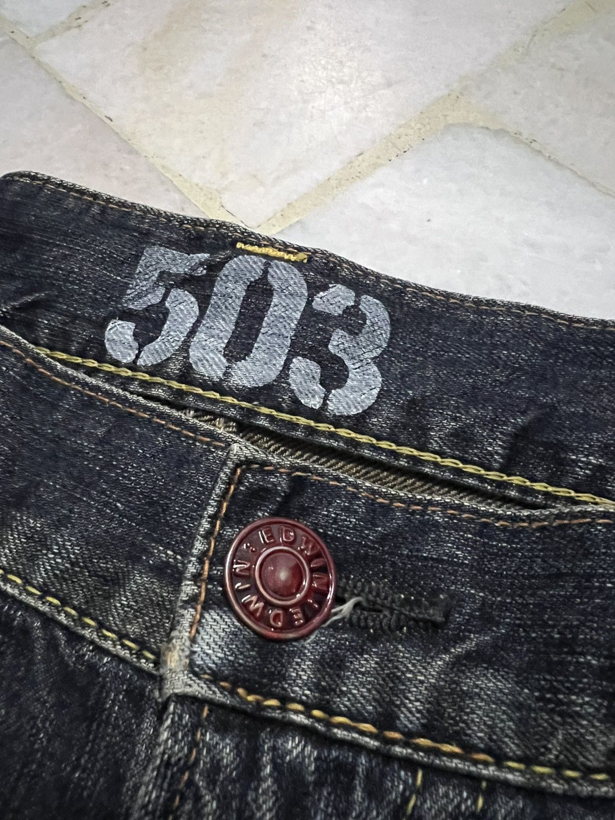 Edwin × Vintage 💥Flare💥Edwin 503 Blue Trip Distress Jean Size US 35 - 11 Thumbnail