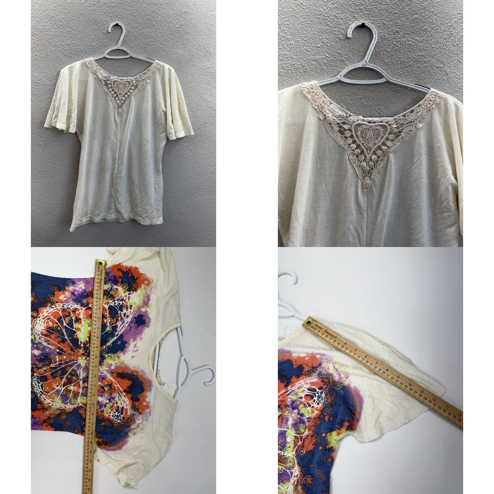 Vintage D-Signed Shirt Junior's Large Cream Butterfly Gem Embellished Short Sleeve Y2K Size L / US 10 / IT 46 - 8 Thumbnail