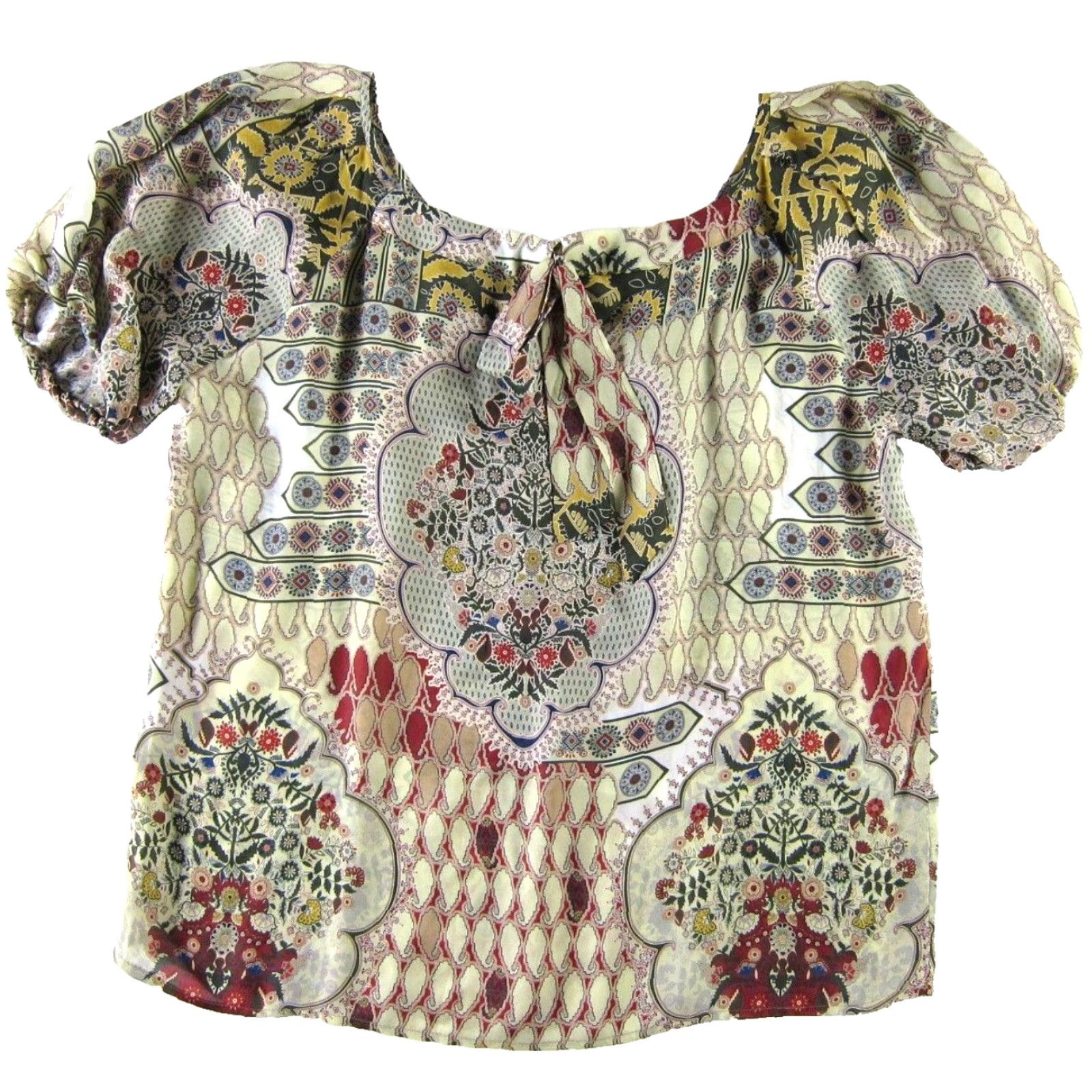 Vintage Sundance Blouse Tunic Short Sleeve 100% Silk Green Floral M Womens Size M / US 6-8 / IT 42-44 - 2 Thumbnail