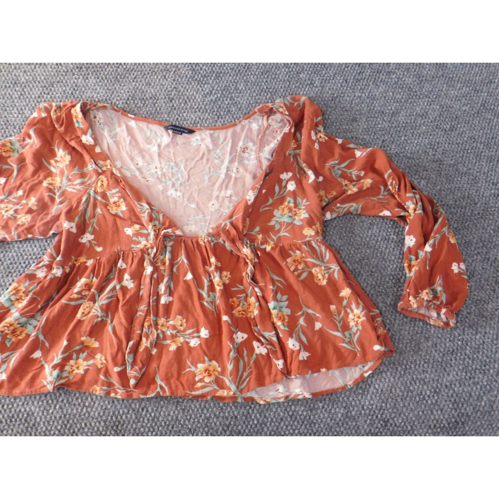 American Eagle Outfitters American Eagle Outfitters Blouse Womens XL Orange Floral Raglan Sleeve Long Sleeve Knit Viscose Basic Casual All Seasons Modern Size XL / US 12-14 / IT 48-50 - 2 Thumbnail