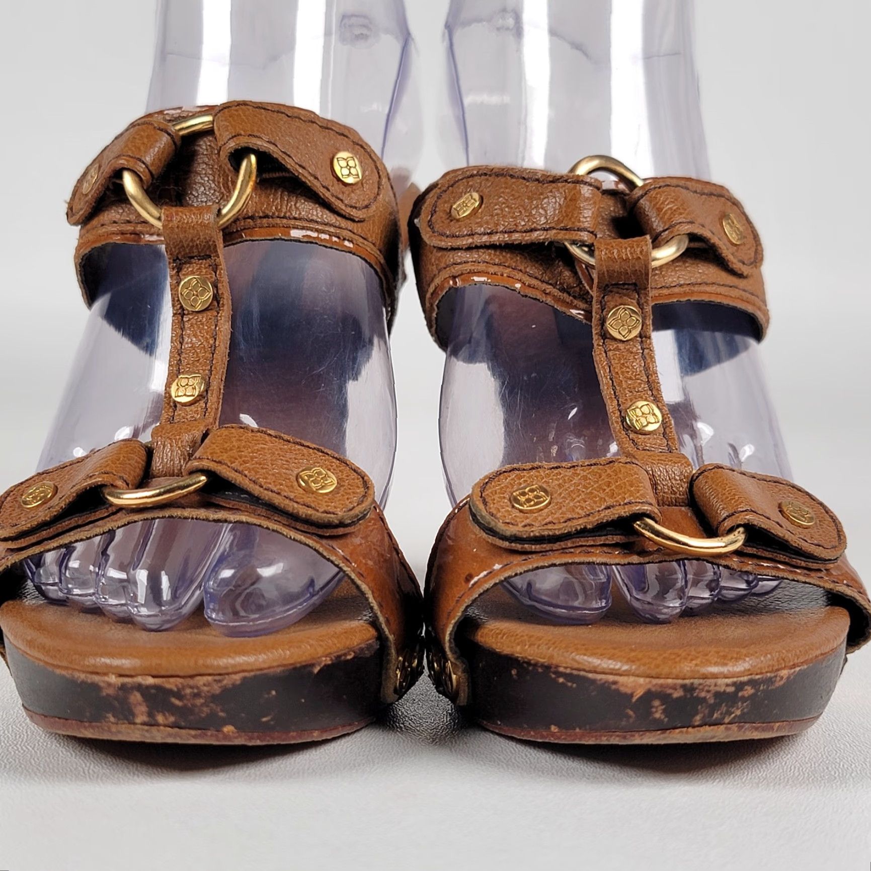 Vintage BCBG Sandals Wedges Sandals Platform High Heel Brown 36 B Women Slip On Strappy Leather Upper Wood Outsole Solid Pattern Size US 6 / IT 36 - 3 Thumbnail