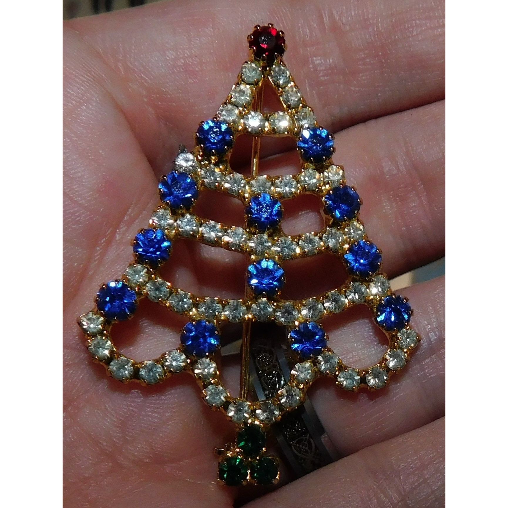 Other Vintage Christmas Tree Brooch Blue And Gold Tone With Rhines Size ONE SIZE - 4 Thumbnail