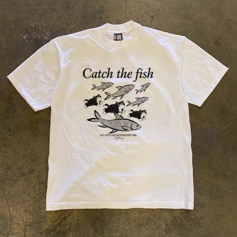 Vintage White casual retro fish and cat print t-shirt Size US M / EU 48-50 / 2 - 1 Thumbnail