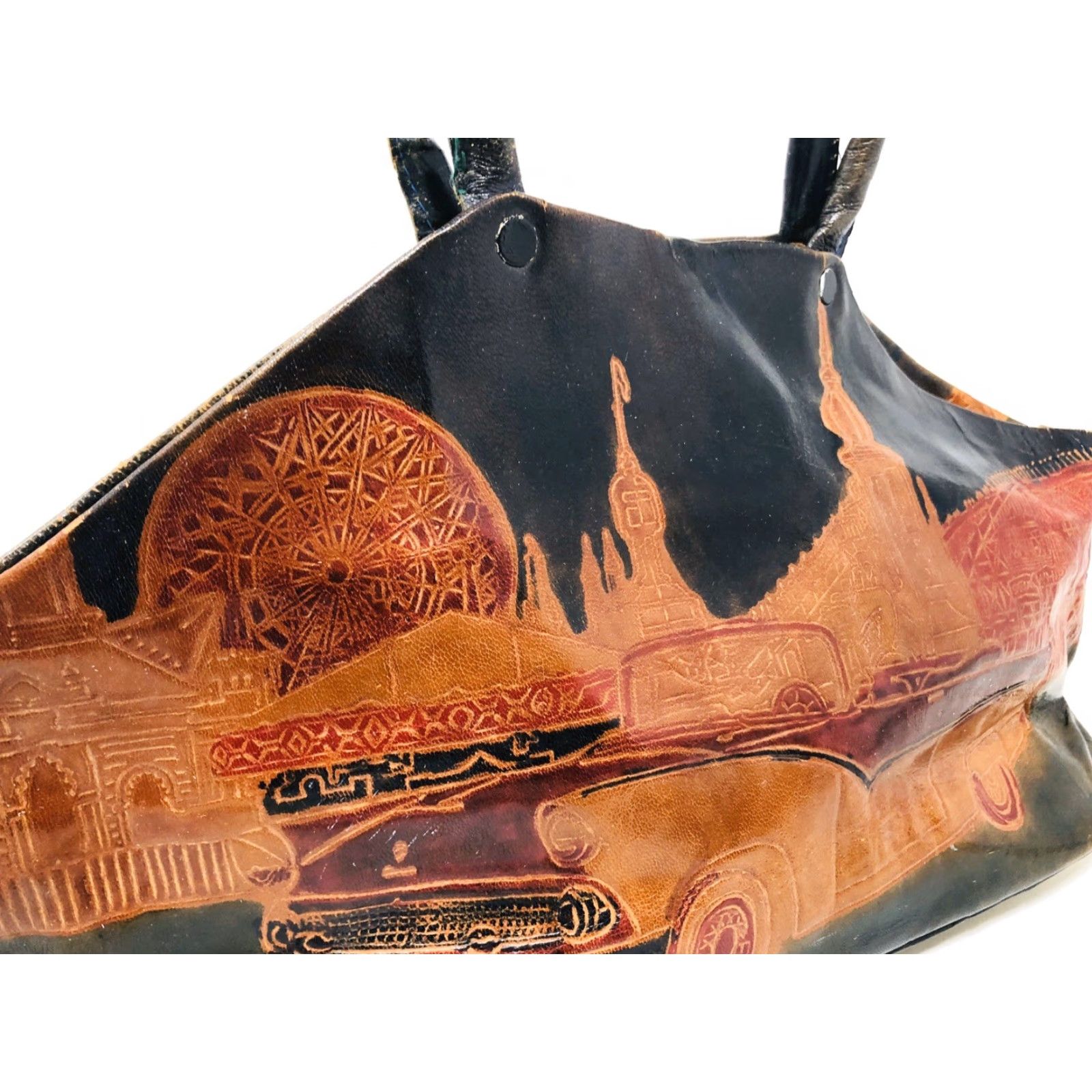 Ford VINTAGE Handmade Embossed Tooled 1953 Ford Scene India Art Leather Bag J21 Size ONE SIZE - 5 Thumbnail