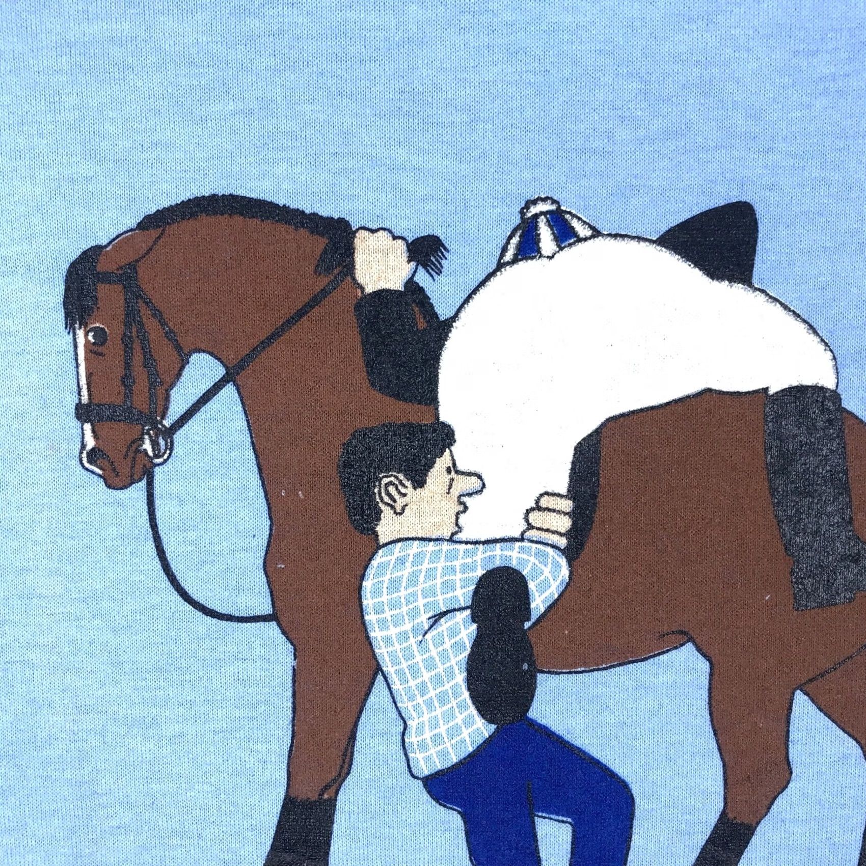 Jerzees NOS vtg 80s HAPPINESS IS A LEG UP HORSE JOCKEY CARTOON T-Shirt L blue Nike Shirt Ladies Mens Womens Boys Girls Size US L / EU 52-54 / 3 - 7 Thumbnail