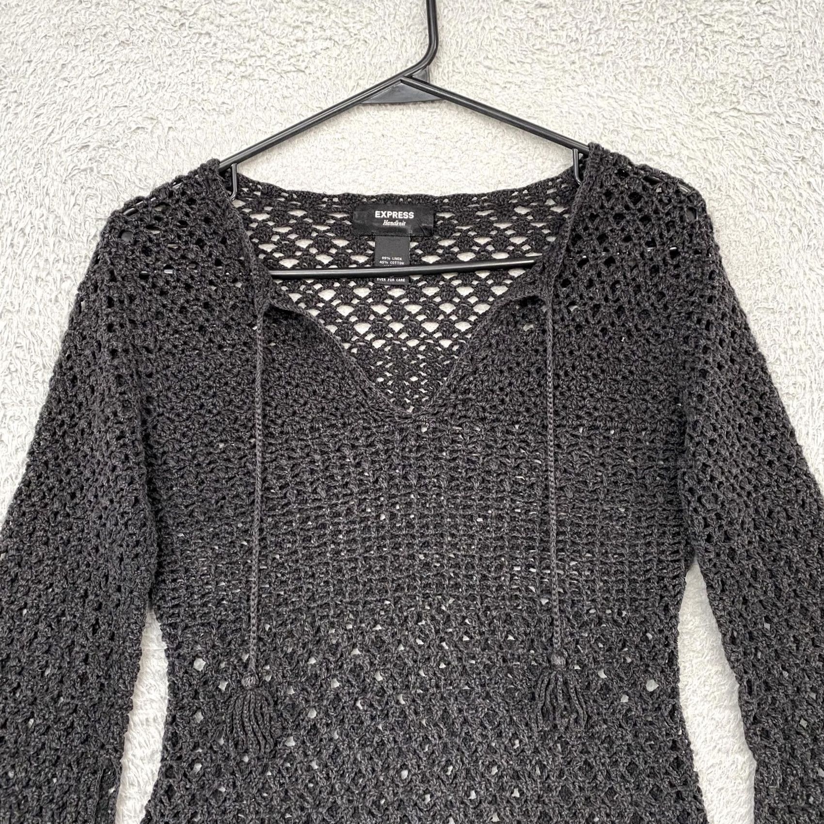 Express Express Y2K Handknit Sweater Womens Small Black Crochet V Neck Tassel Open Knit Size S / US 4 / IT 40 - 3 Thumbnail