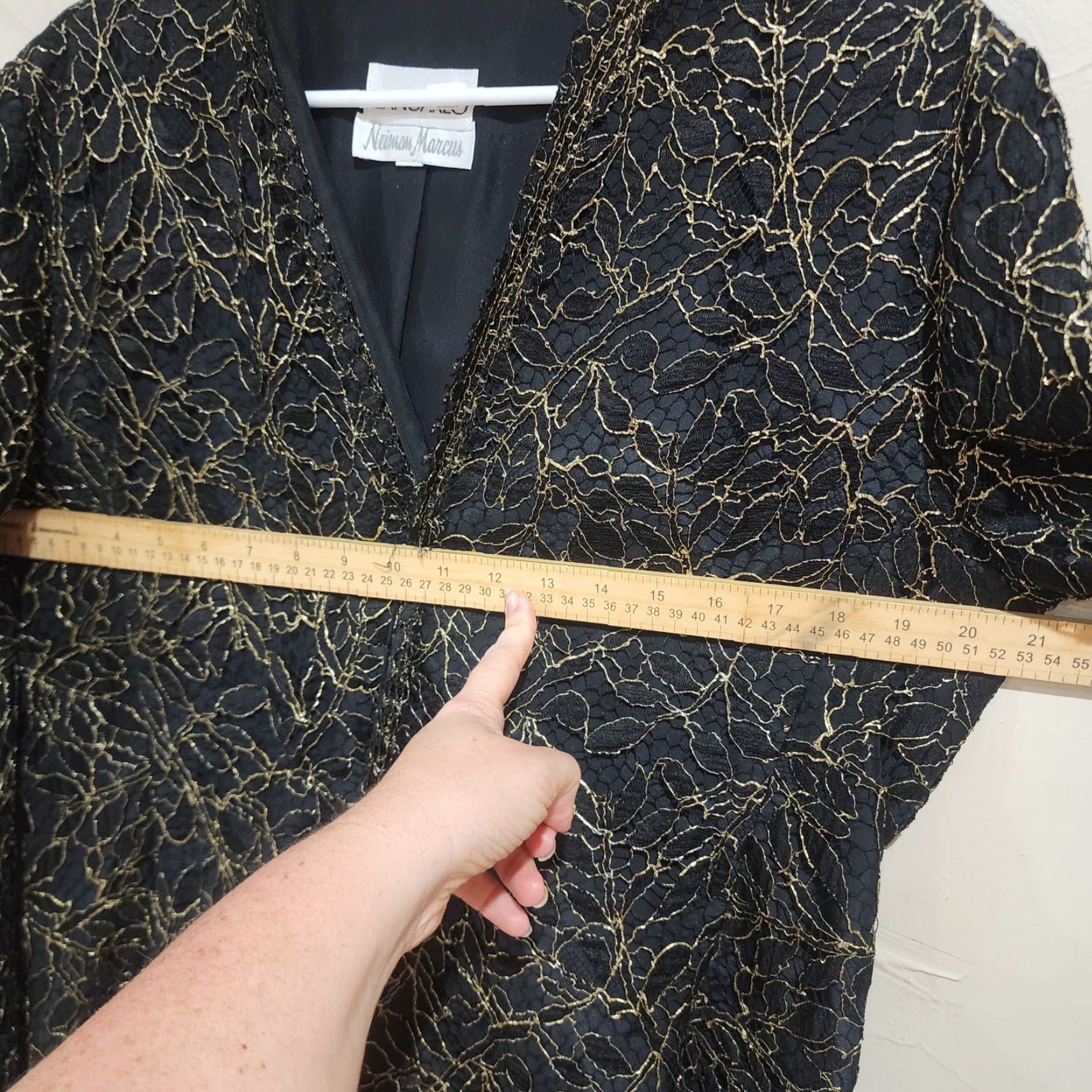 VINTAGE Neiman Marcus Jacket Bomber Black & Gold Emboss Fabric Short Button Up Lining Polyester Sequin Aztec Butterfly Collarless Womens Size M