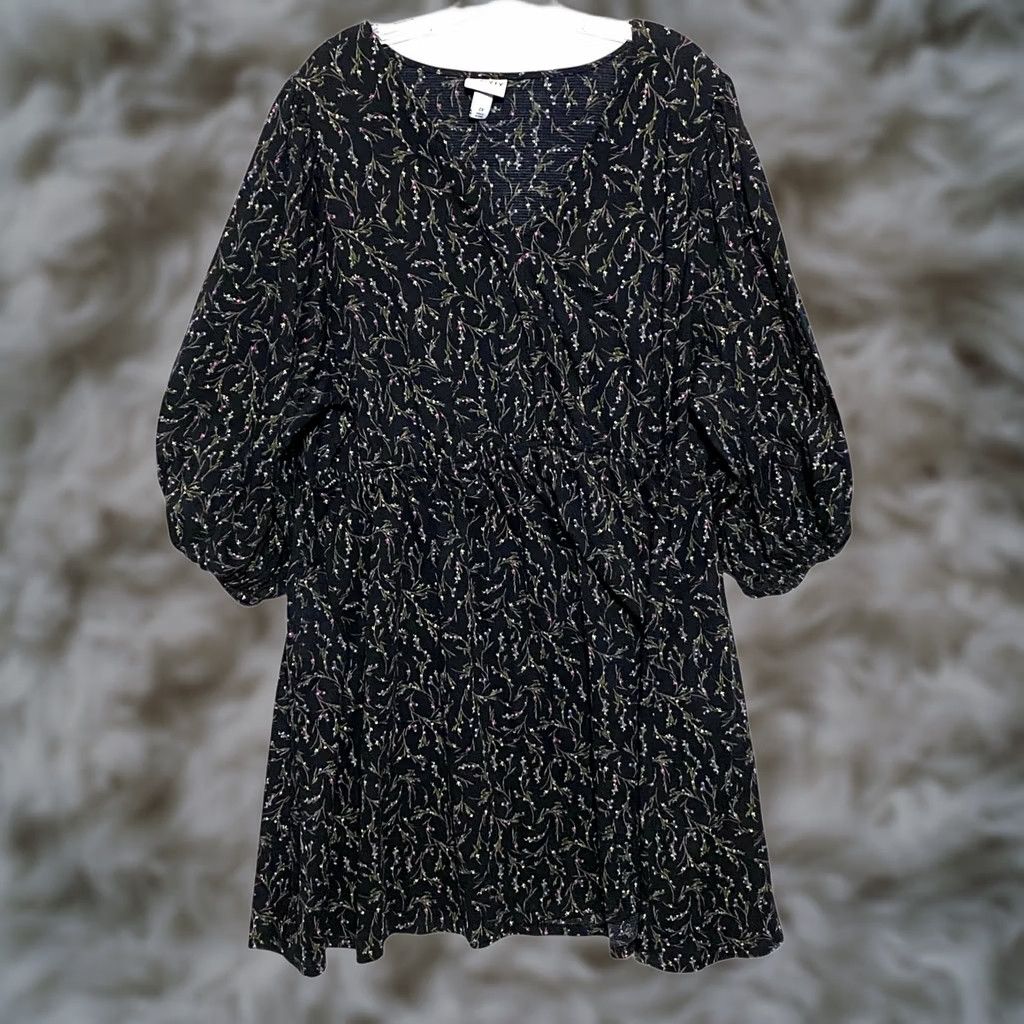 Vintage Ava Viv Black Floral Dress 2X Balloon Sleeve Boho Whimsigoth Cottage Dark Fairy - 3/4 Sleeve, Pockets, A-Line, Polyester Spandex - Womens, Short Dress Size XXL / US 16-18 / IT 52-54 - 1 Thumbnail