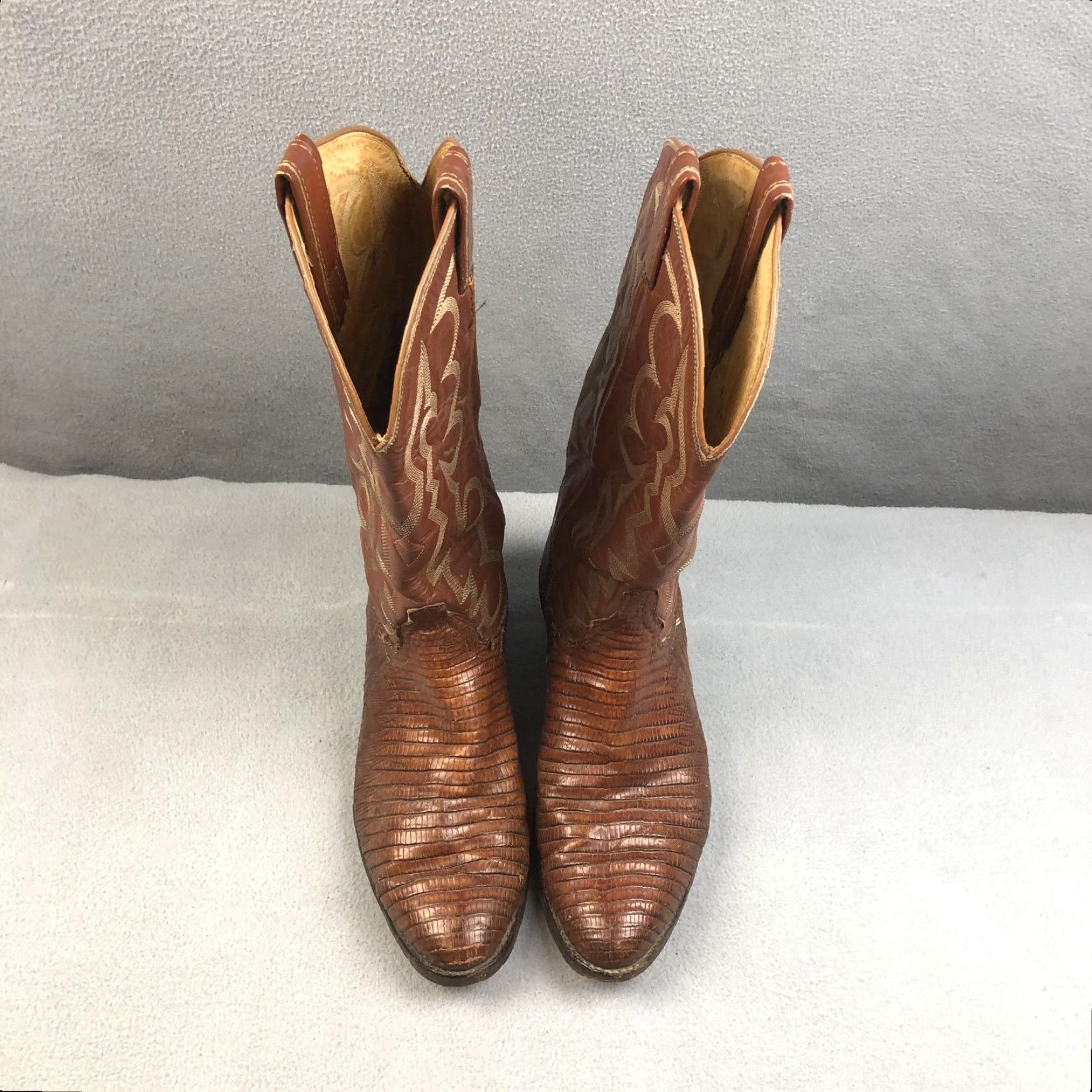 Tony Lama VINTAGE Tony Lama Boots Mens 9D Brown Teju Lizard Leather Cowboy Pointed Toe Mid-Calf Shaft Embroidered Western Workwear 490 Mens Size US 9 / EU 42 - 6 Thumbnail