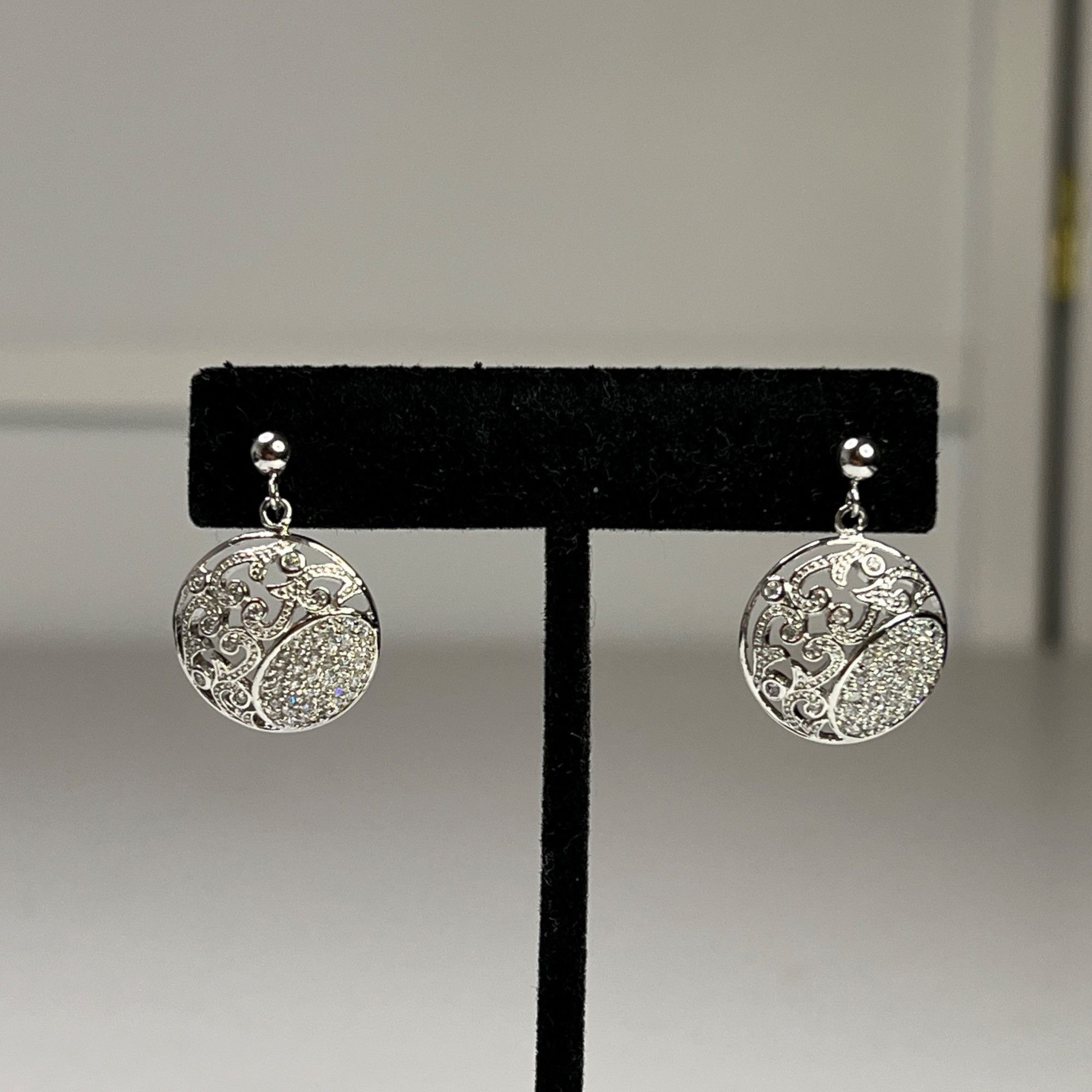 Designer Silver-Tone Filigree Oval Disc Drop Earrings With Sparkling Size ONE SIZE - 4 Thumbnail