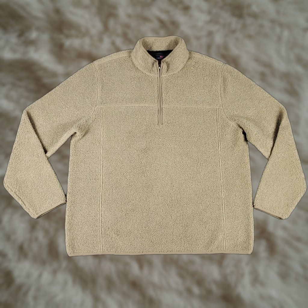 Vineyard Vines Sweater Mens 2XL Beige Mock Neck 1/4 Zip Pullover Long Sleeve Logo Mens