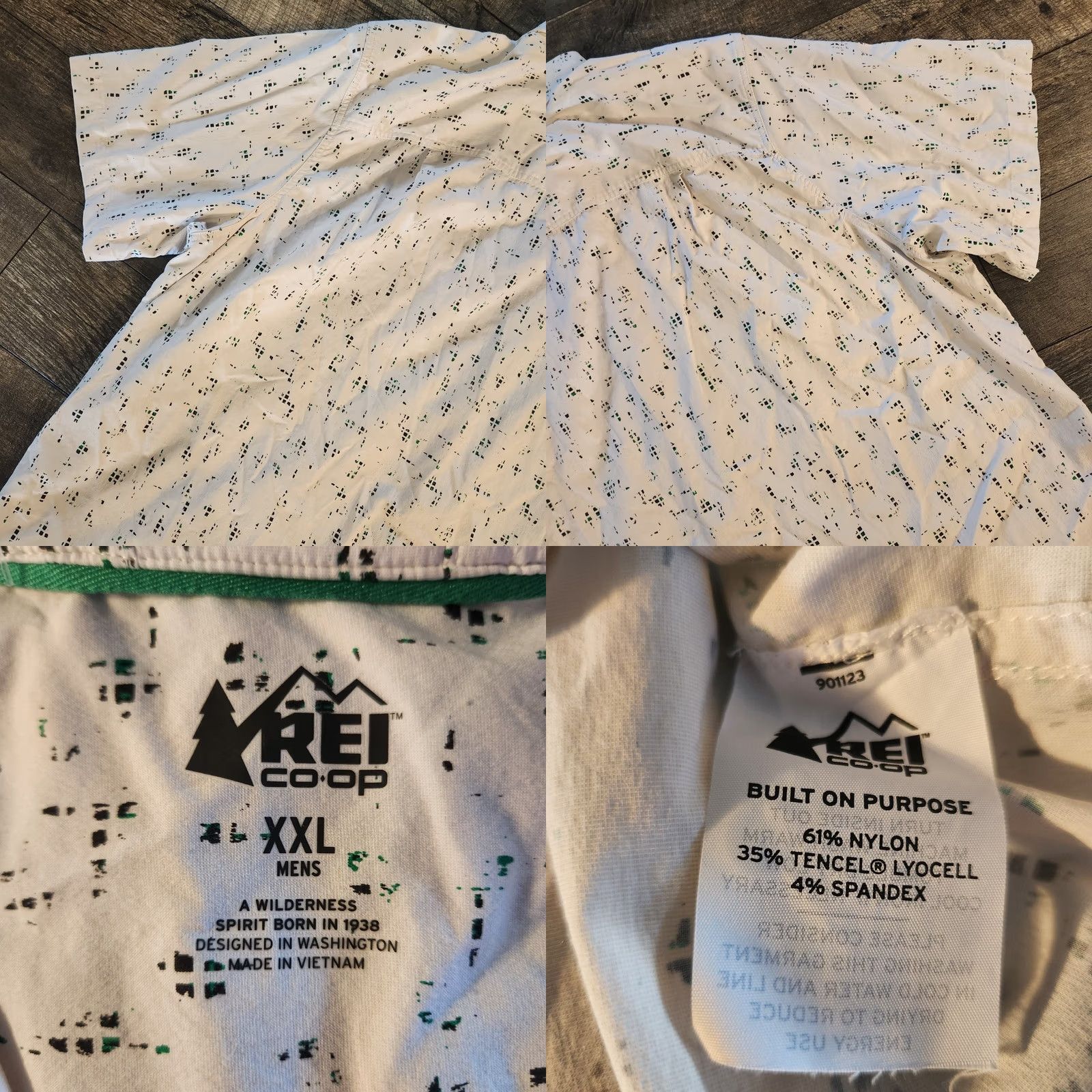 Vintage REI Co-op Shirt Mens 2XL Geometric Short Sleeve Button Up Camp Outdoors Casual White Nylon Spandex Lightweight Pockets Summer Men Size US XXL / EU 58 / 5 - 9 Thumbnail