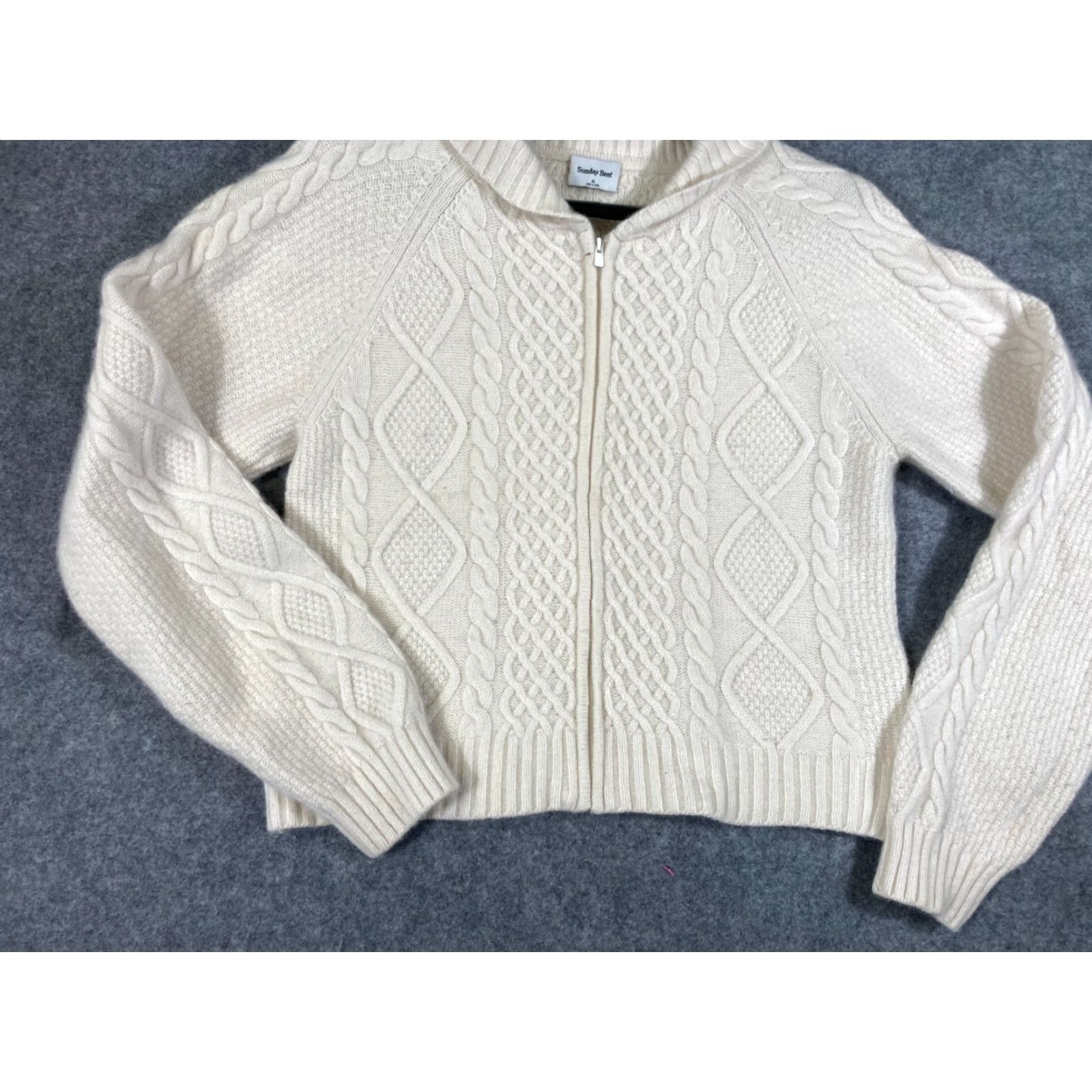 Vintage Sunday Best Crop Sweater Womens M Ivory Wool Blend Full Zip Raglan Sleeve Knit Long Sleeve Knit Size M / US 6-8 / IT 42-44 - 4 Thumbnail