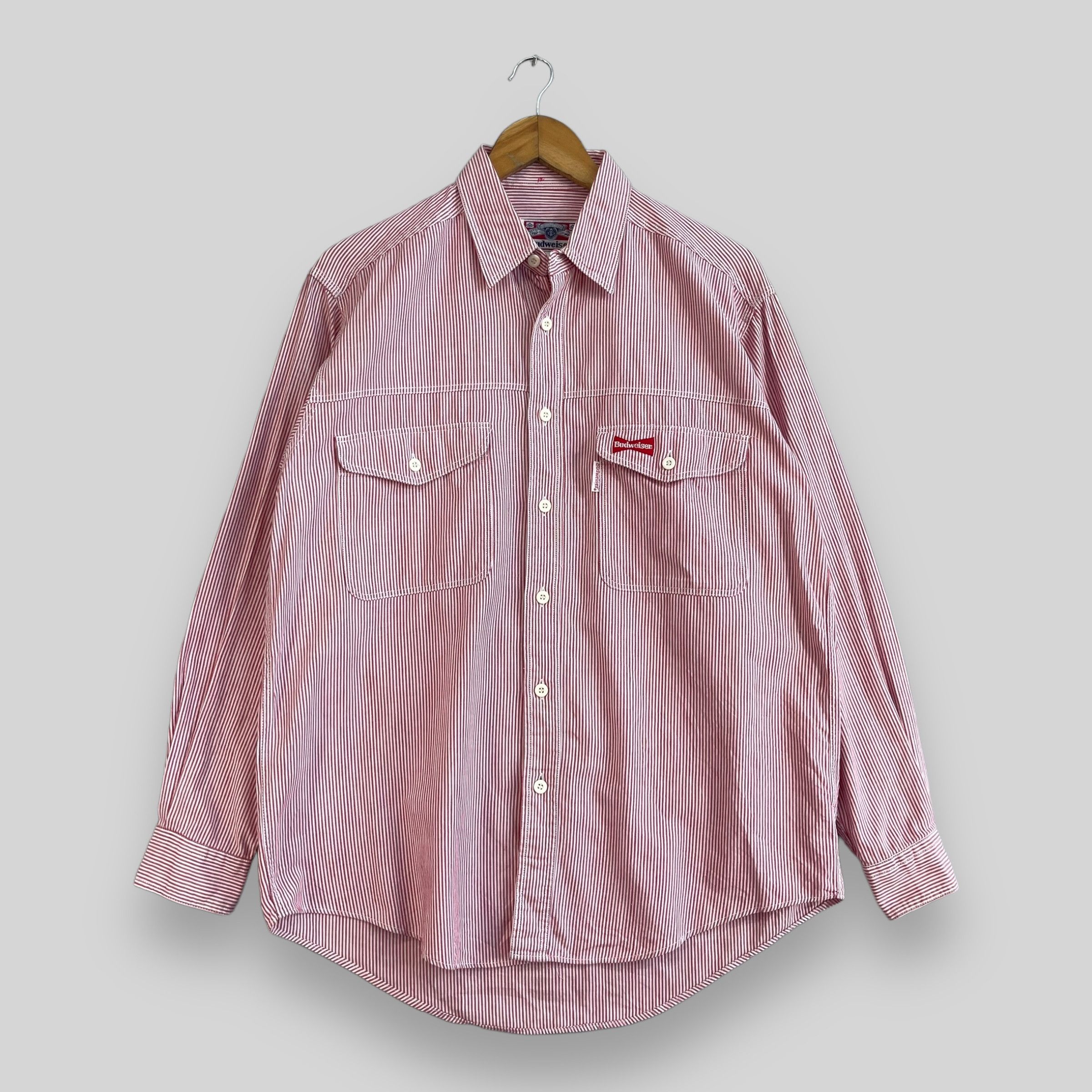 Vintage 90s BUDWEISER Hickory Stripes Denim Worker Shirt
