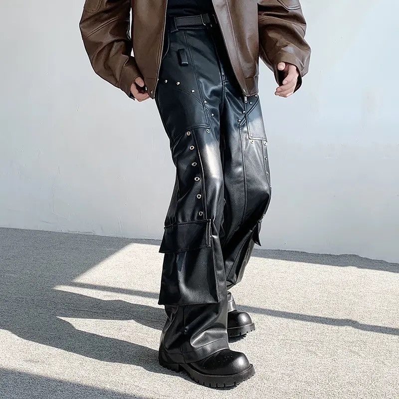 Japanese Brand × Leather × Vintage Leather Trousers Rivet Niche Design PU Casual Pants Size US 33 - 3 Thumbnail