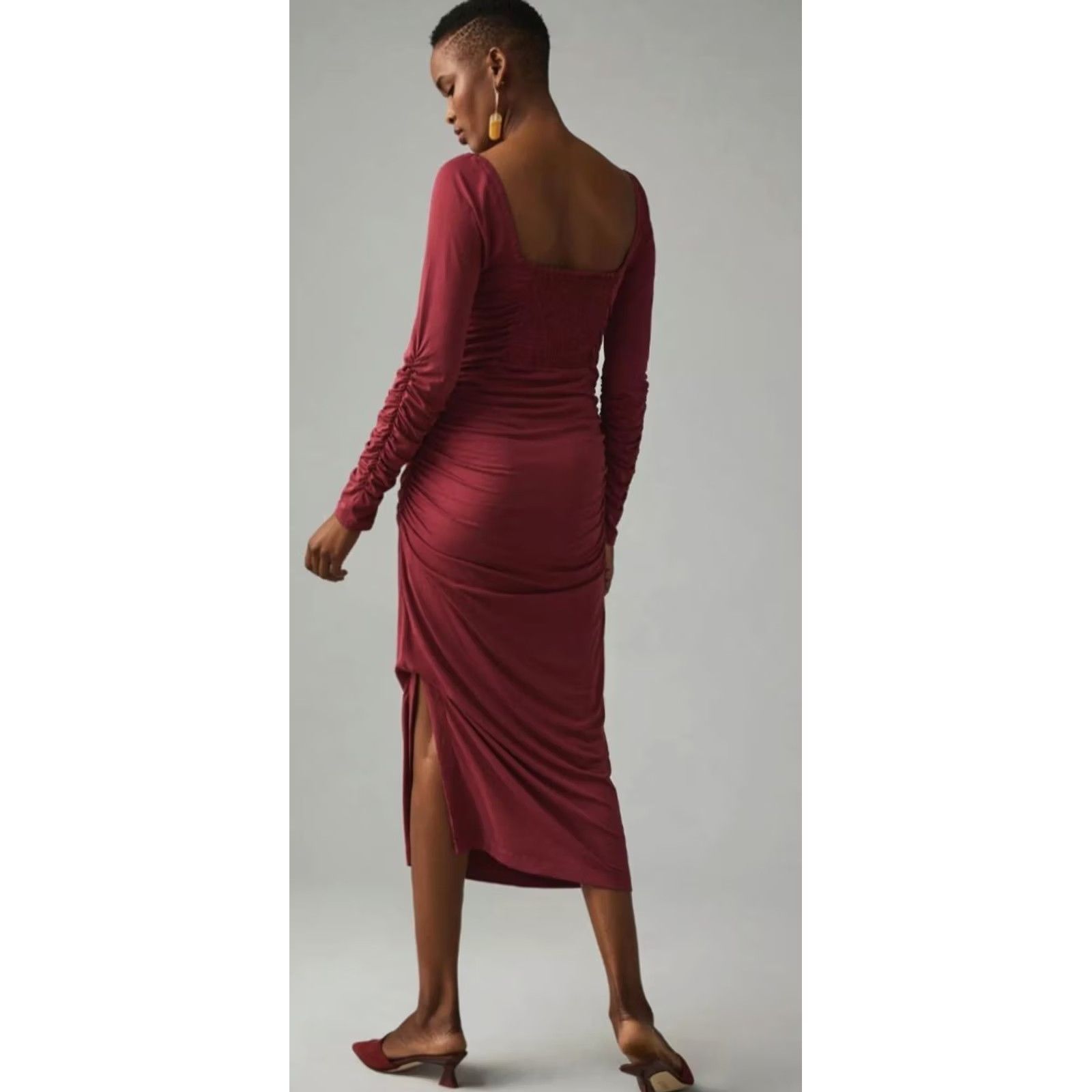 Anthropologie Anthropologie Dress Women's Burgundy Ruched Midi Square-neck Fitted PS Petite Sleeved Long Sleeve Solid Colorful 90s? No, not applicable Size S / US 4 / IT 40 - 3 Thumbnail