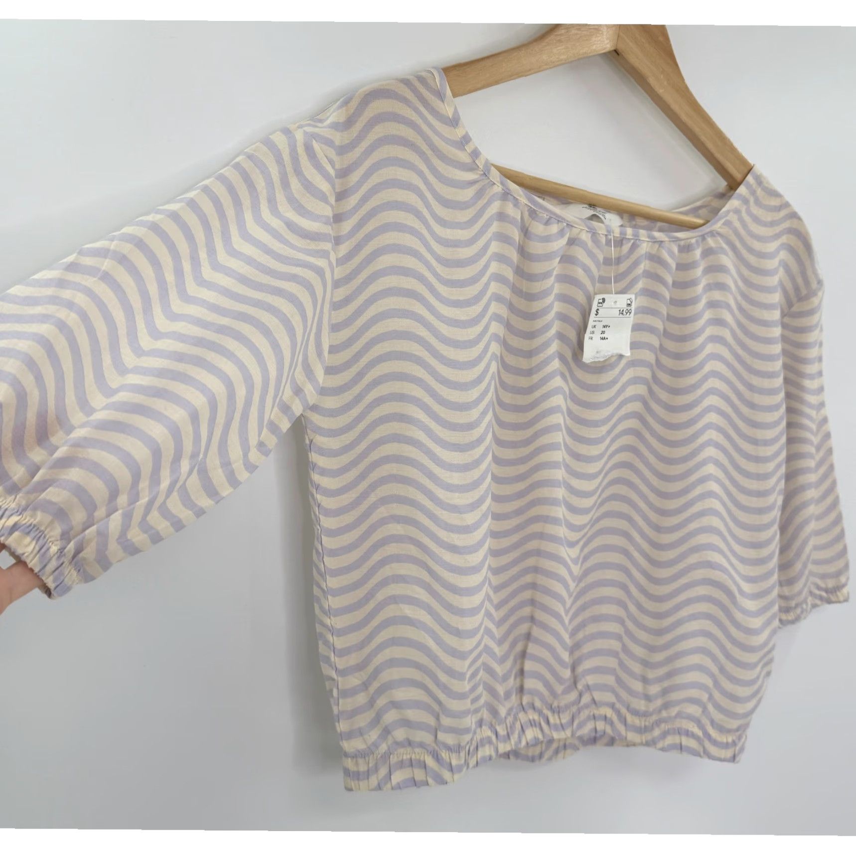 H&M NWT H&M Wave Pattern Top Size 14Y+ Beige and Lilac Cropped Blouse Boho Shirt WomensLam Size XL / US 12-14 / IT 48-50 - 4 Thumbnail