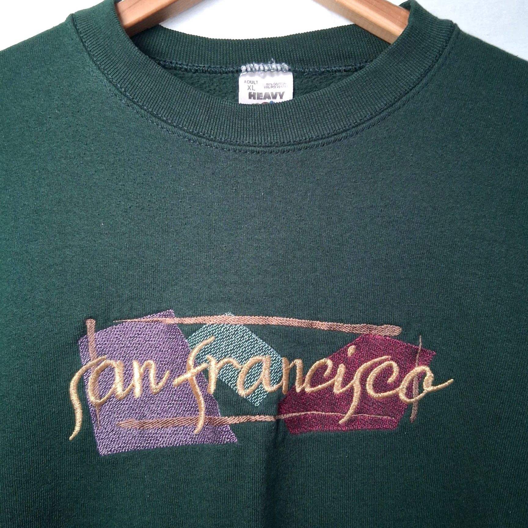 Fruit Of The Loom VINTAGE Fruit of the Loom Sweatshirt XL Green Embroidered Crewneck San Francisco California USA Men Size US XL / EU 56 / 4 - 2 Thumbnail