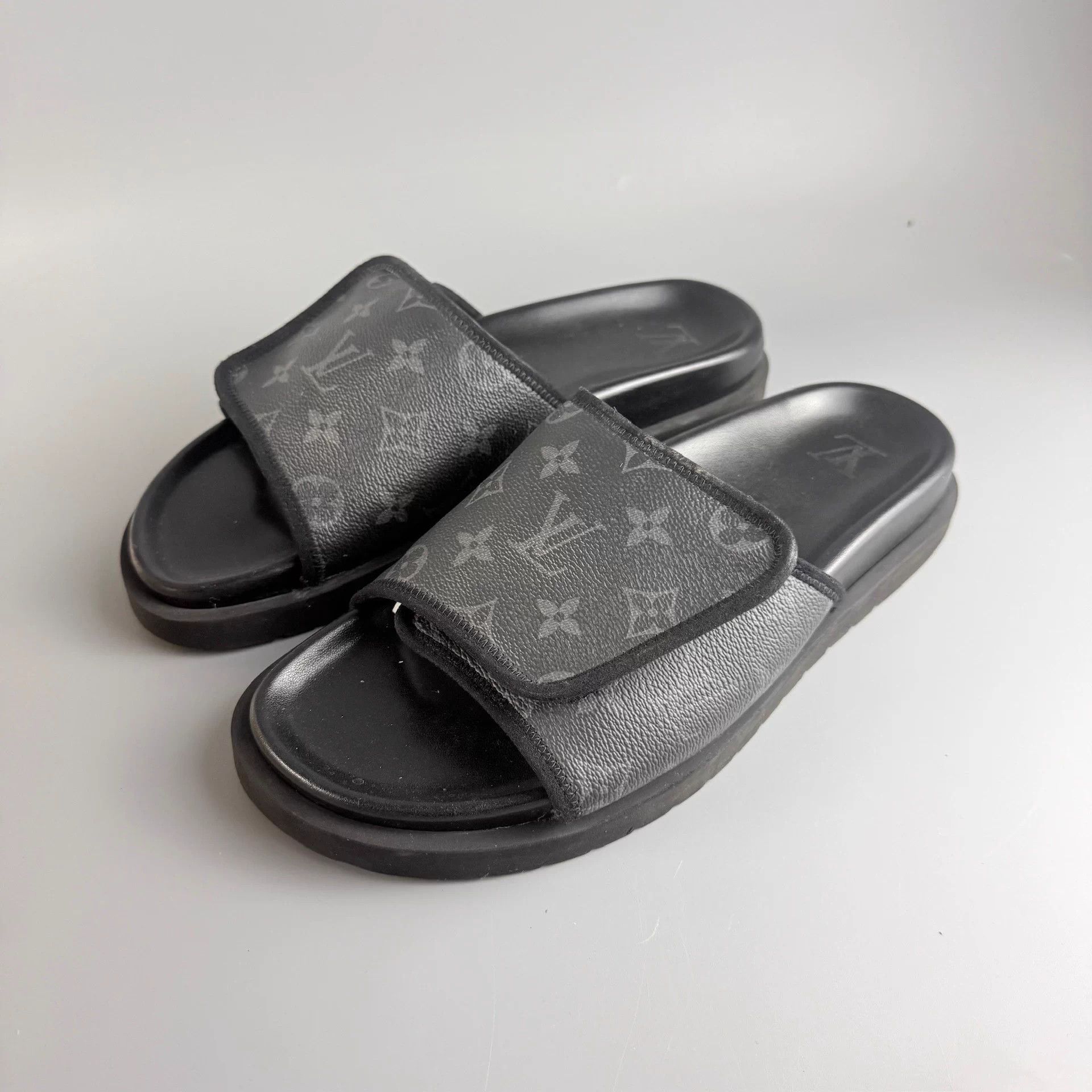 Louis Vuitton LV Black Allover Print Velcro Slides 41 95 New Size US 8 / EU 41 - 1 Thumbnail