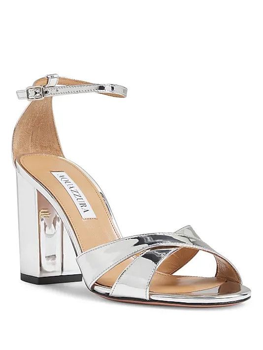 Aquazzura os11x1225 Divine 85MM Metallic Block-Heel Sandals in Silver Size US 9 / IT 39 - 2 Thumbnail