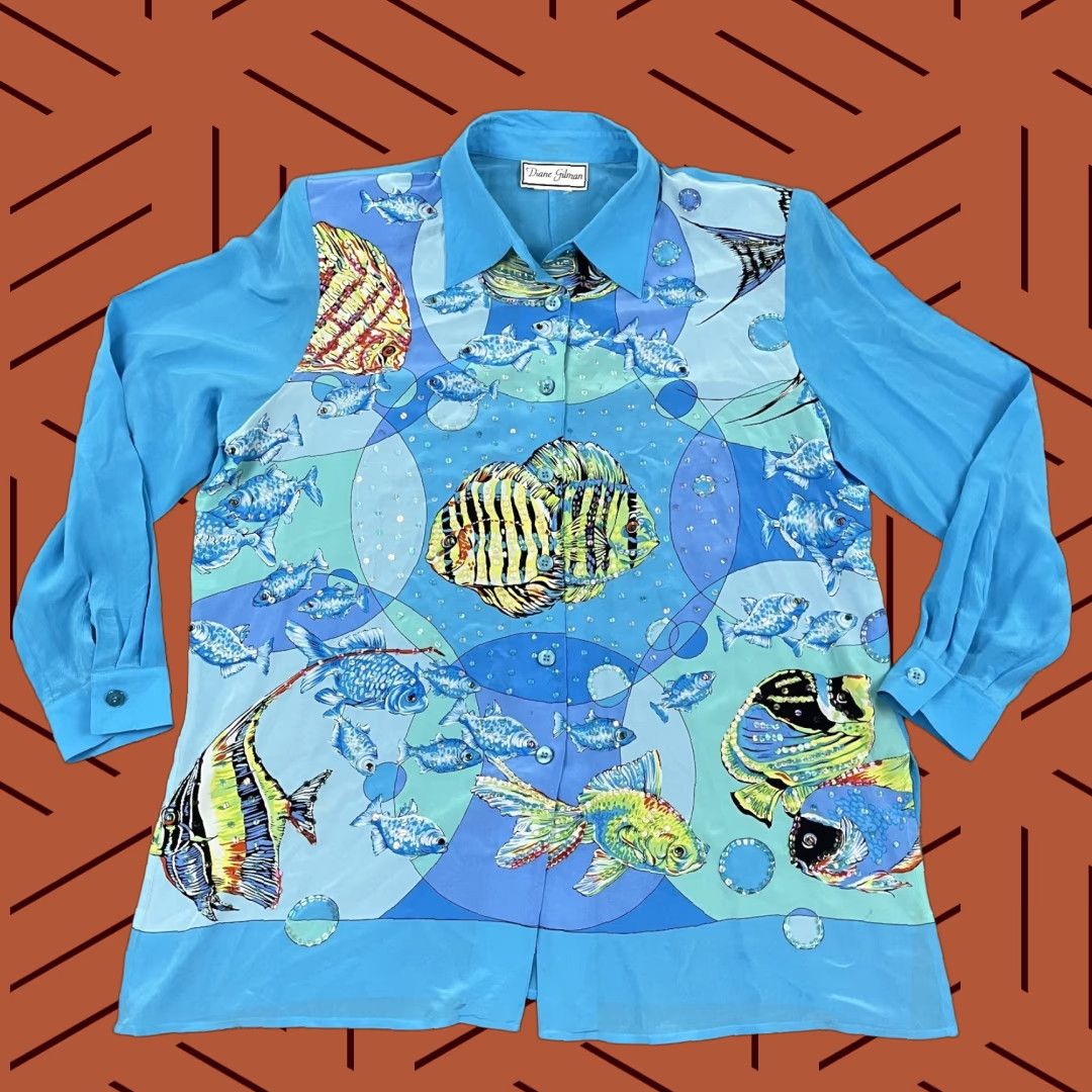 Vintage Diane Gilman Button-Up Shirt Womens Large Blue Silk Tropical Fish Sequin Animal Print Size L / US 10 / IT 46 - 1 Thumbnail