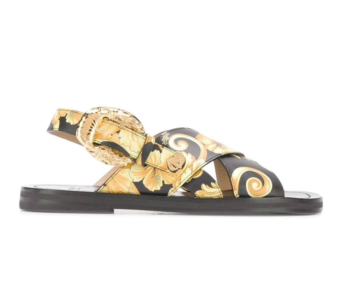 Versace baroque print sandals Yellow Gold Size US 8 Leather Hibiscus Size US 8 / EU 41 - 1 Thumbnail